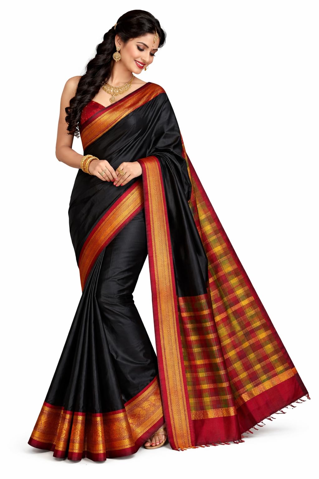 Elegant Mustard Gold Silk Saree with Intricate Zari Border, Rich Woven Pallu, and Traditional Design for Weddings, Festive, and Special Occasions Red Black Free size-image-46