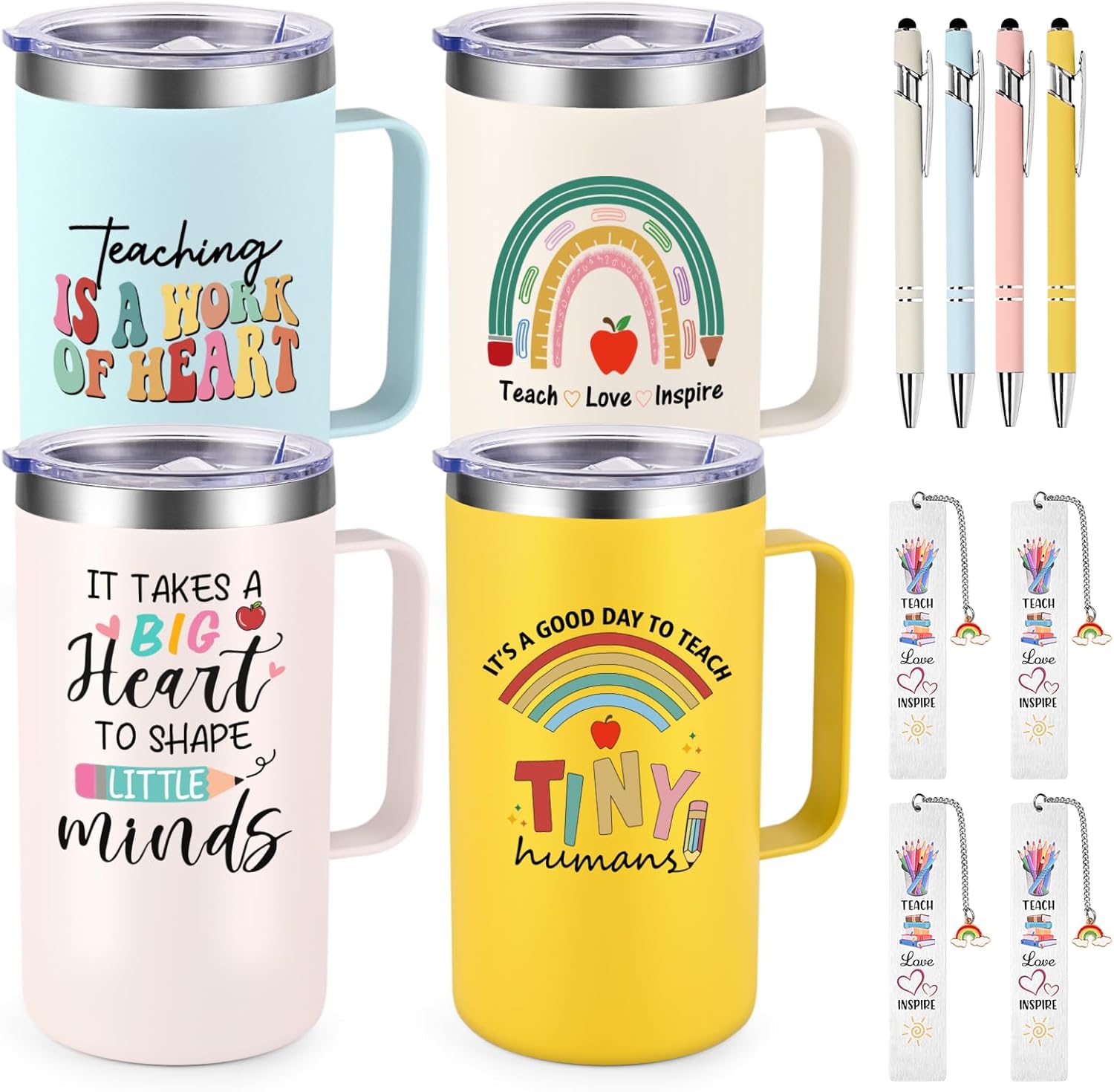 Lifecapido 12Pcs Daycare Teacher Gifts, 20oz Insulated Coffee Mugs with Bookmarks and Ballpoint Pens, Kindergarten Preschool Teacher Appreciation Gifts