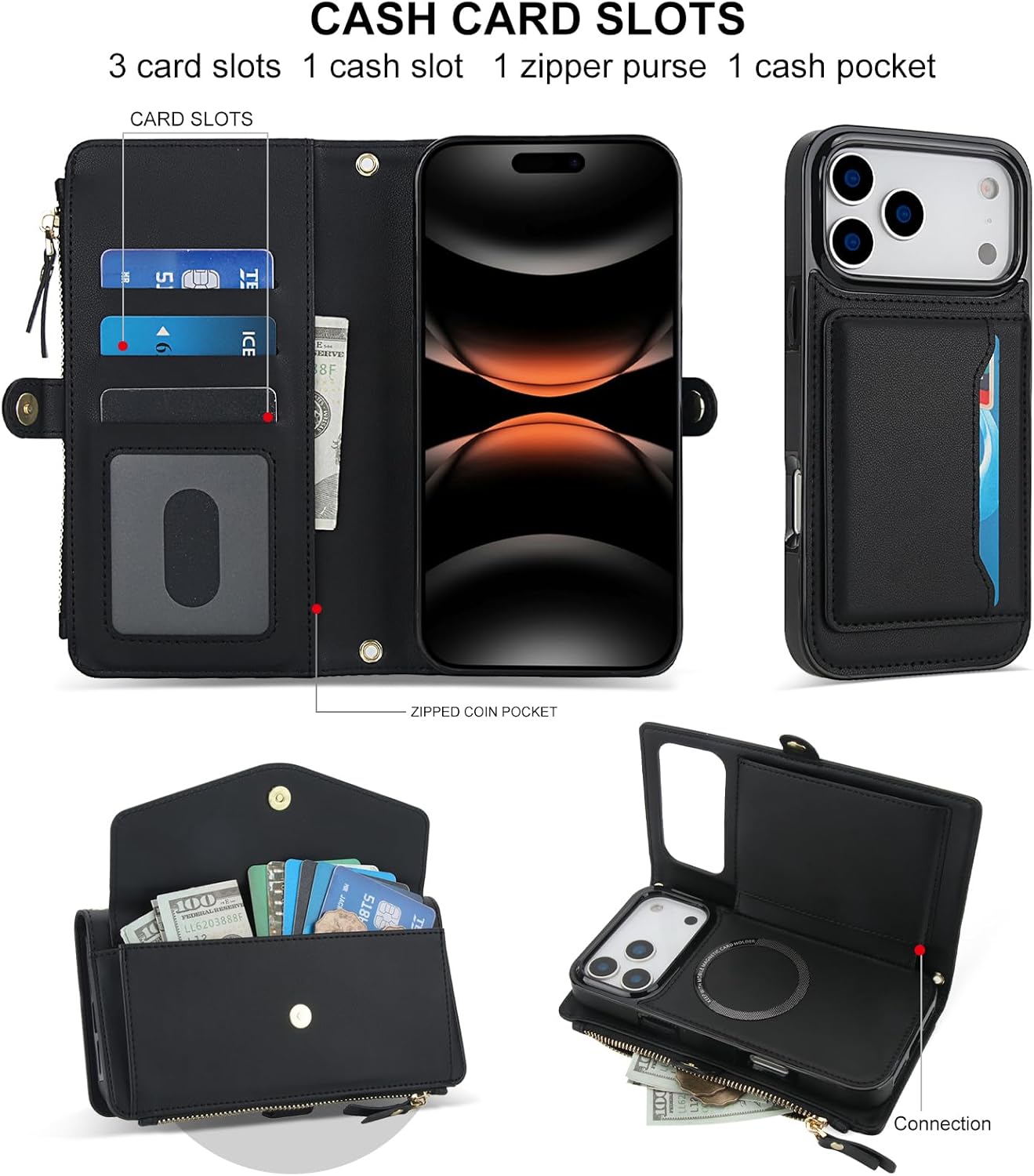 Phone Case for iPhone 17 Pro Max 6.9 inch 2025 Wallet Cover Compatible with Magsafe RFID Screen Protector Crossbody Lanyard Strap Flip Card Holder Slot Zipper Purse i Phone17 i17 17ProMax Black