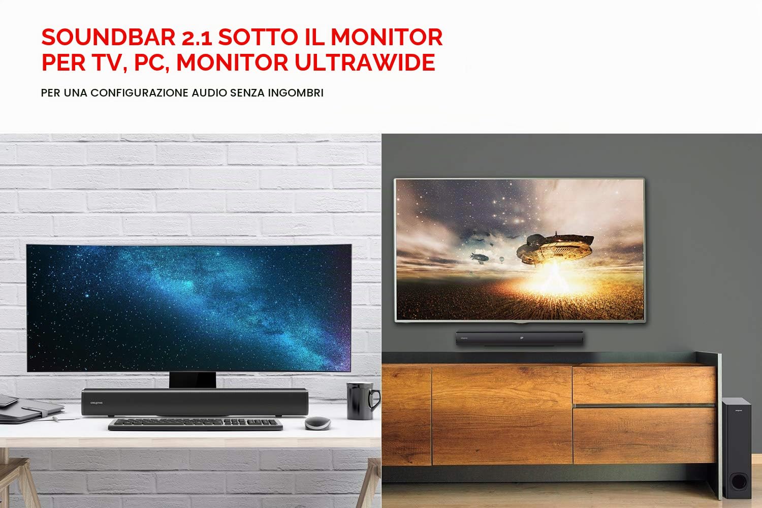 CREATIVE Soundbar Stage under-monitor a 2.1 canali con subwoofer per TV, computer e schermi ultrawide, Bluetooth/ingresso ottico/TV ARC/ingresso AUX, telecomando e kit per montaggio a parete