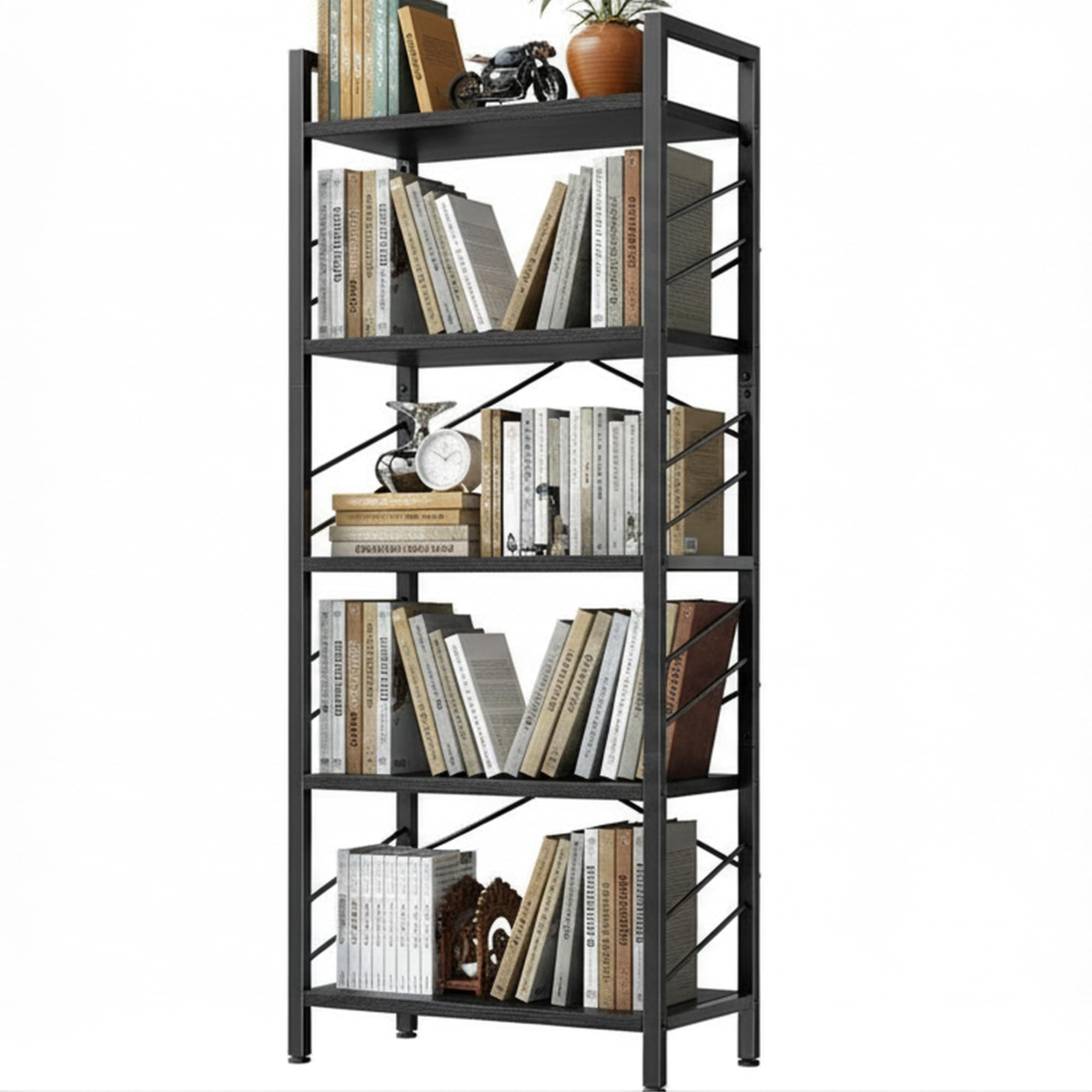 Cliporix 5-Tier Book Shelf, Free Standing Tall Bookcase, Wooden Shelf and Metal Frame Book Shelf with Back Support, Industrial Vertical Stable Display Rack for Study Living Room