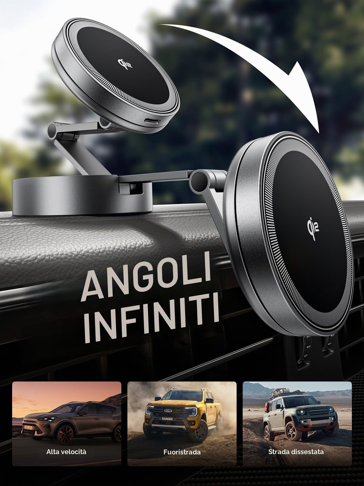 THREEKEY Caricatore Wireless Auto per Magsafe, Qi2 15W Supporto Telefono Auto Magnetico, Car Phone Holder Ricarica Wireless Con Rotazione a 360° per iPhone 16/15/14/13/12 e Samsung S25, Nero