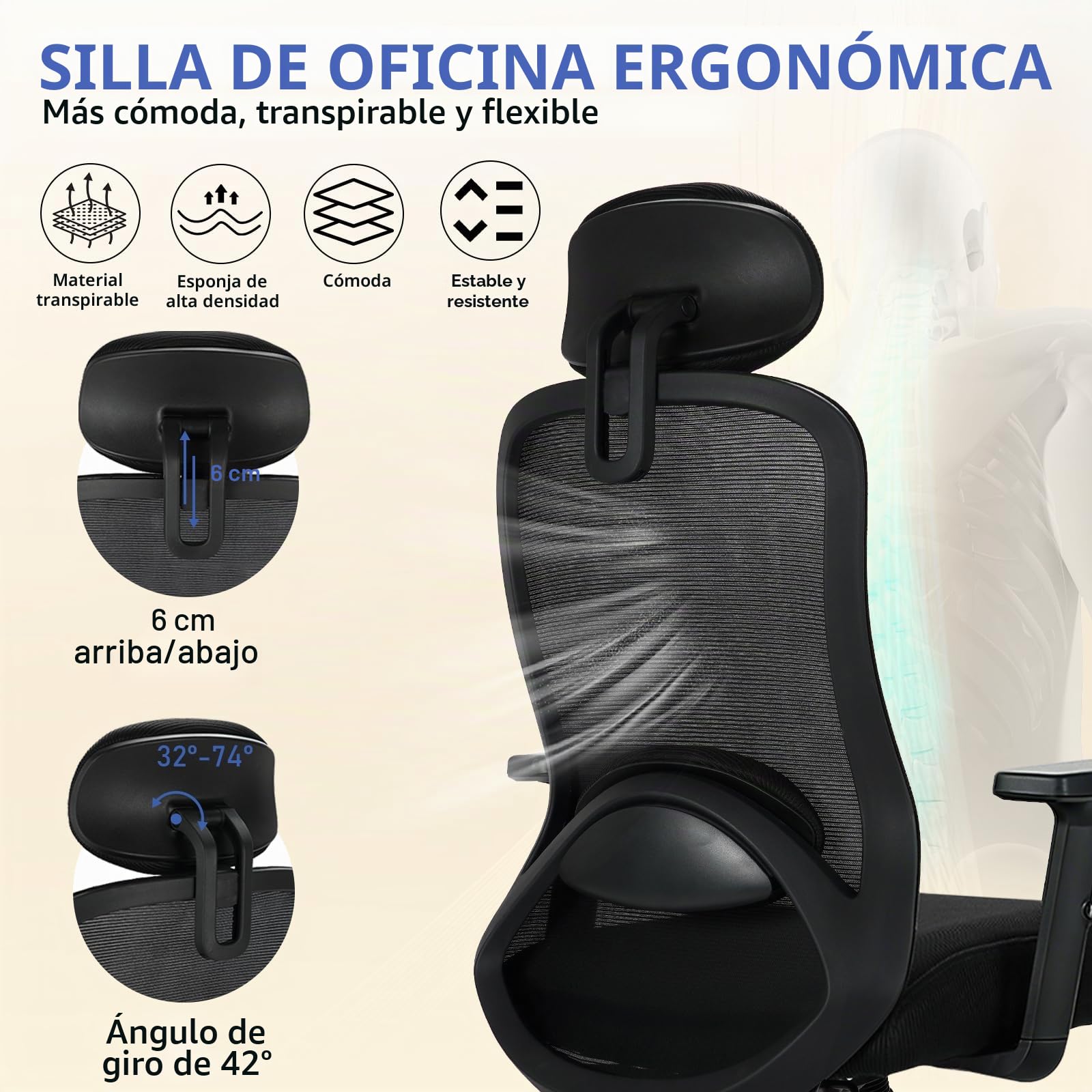 Milacyee Silla Oficina, Silla Ergonomica Escritorio, Silla Ergonómica con Reposacabezas, Reposabrazos,90°-130° Bloqueable Respaldo,Ajuste de Altura,Silla de Escritorio Capacidad de Peso 150KG