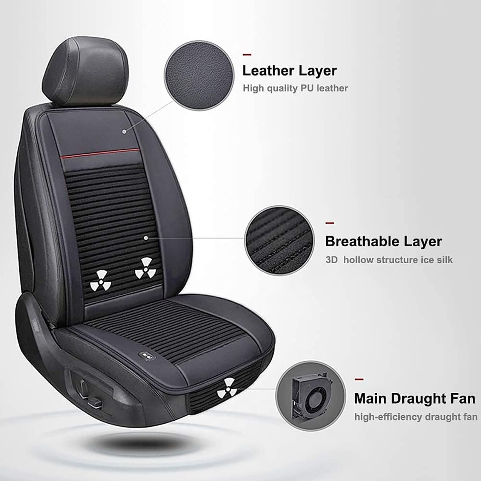 Coprisedile per auto con ventola da 12 V, sedile ventilato in pelle e seta ghiacciata, traspirante e fresco per l'estate, universale, 4 stagioni, ideale per viaggi caldi
