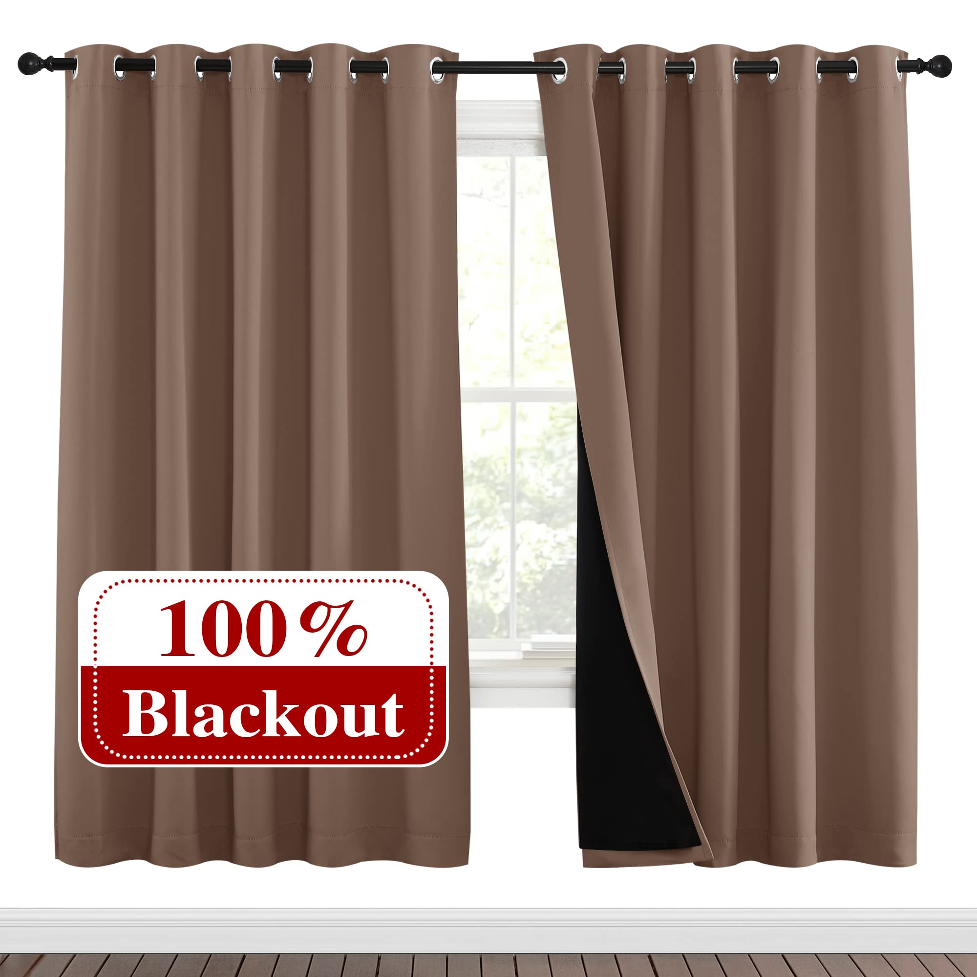 NICETOWN Living Room Completely Shaded Draperies, Privacy Protection &amp; Noise Reducing Ring Top Drapes, Black Lined Insulated Window Treatment Curtain Panels(Cappuccino, 2 Pieces, W70 x L72)