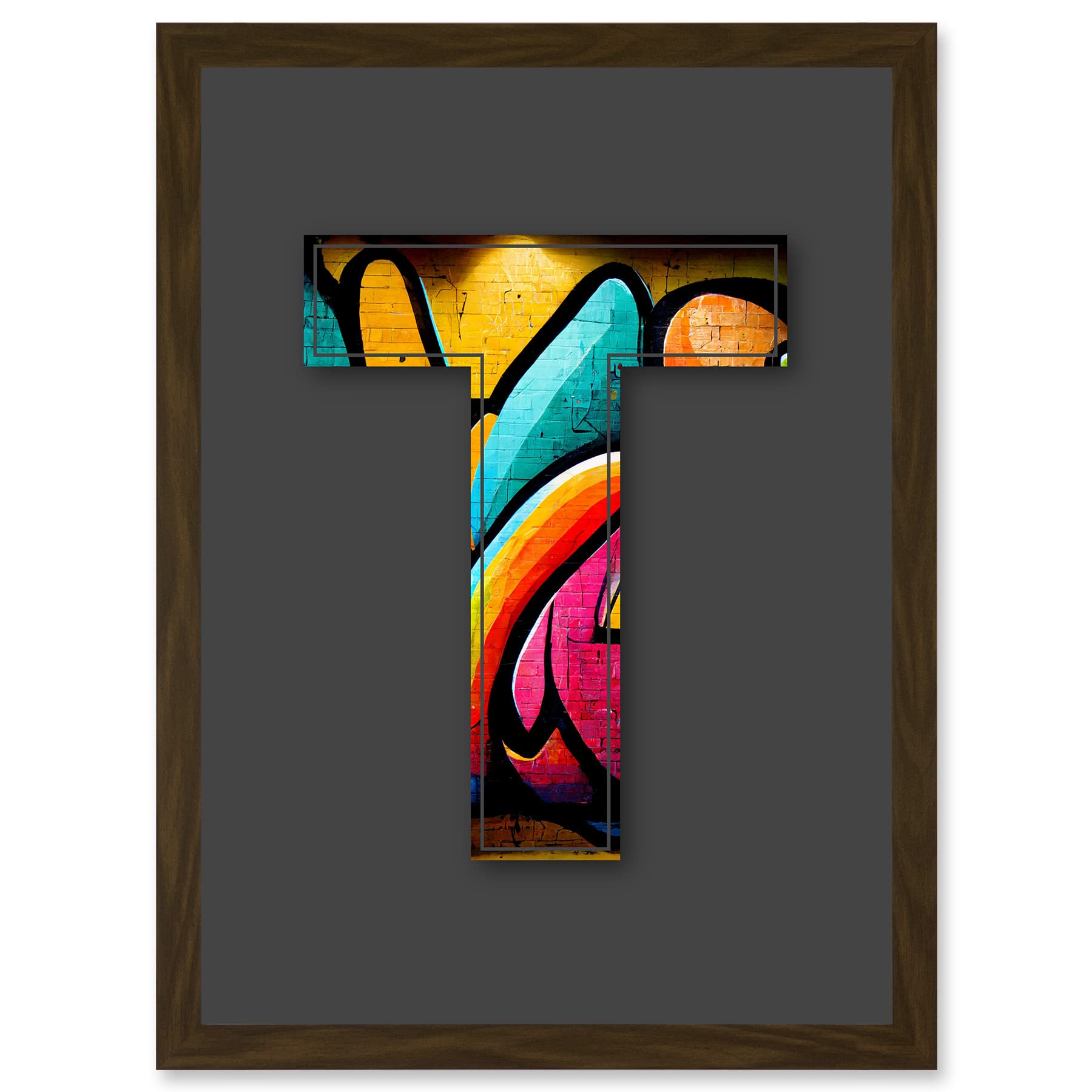 Wee Blue Coo Letter T Tagging Bright Multicoloured Decorative Graffiti Mural Alphabet Initial Stencil Artwork Framed Wall Art Print A4