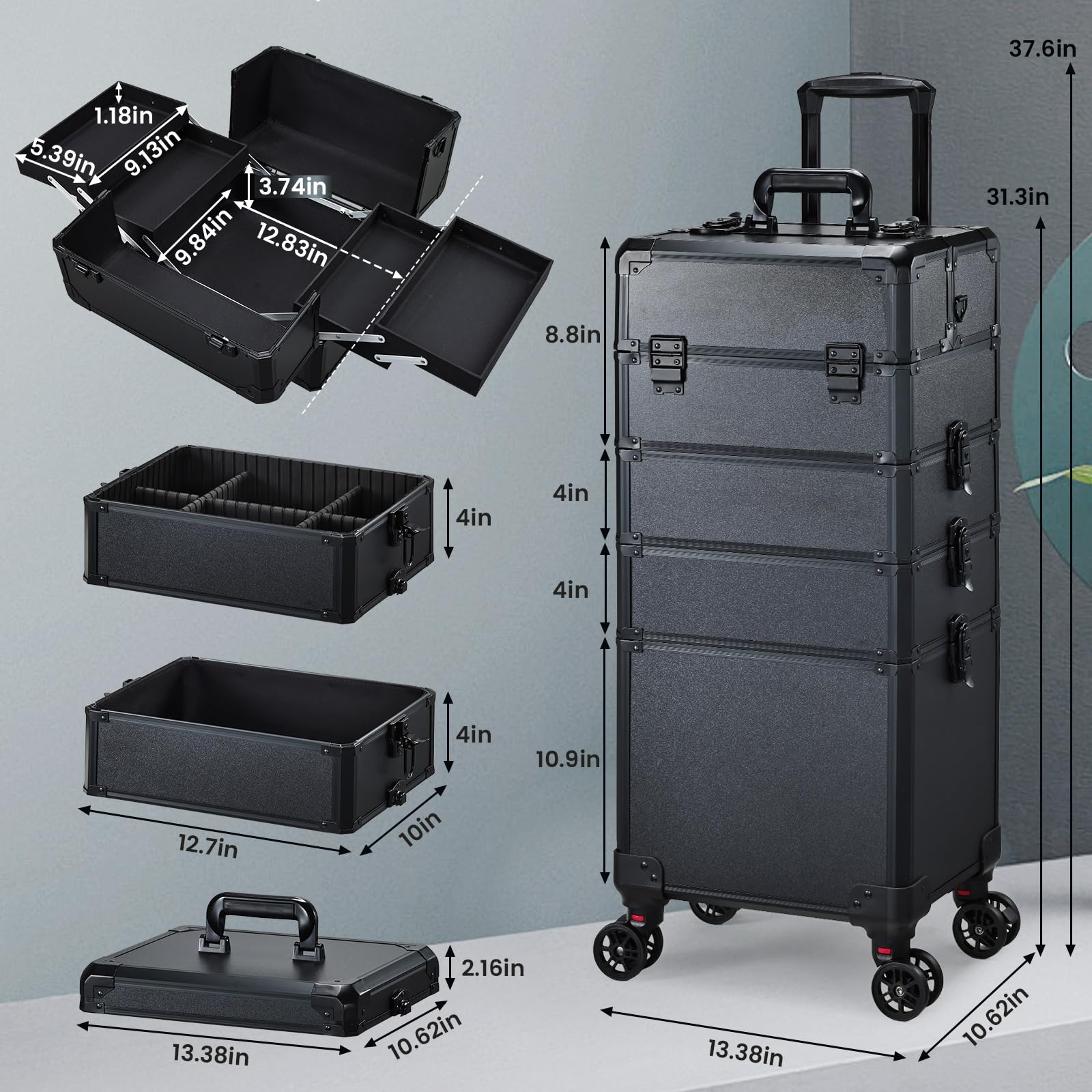 Kosmetikkoffer Alu Beauty Case 5 in 1 Kosmetik Trolley Rollkoffer Make Up Koffer Groß Schminkkoffer Nagelkoffer Abschließbare Friseur Box Drehbare Rollen für Reisen Schwarz