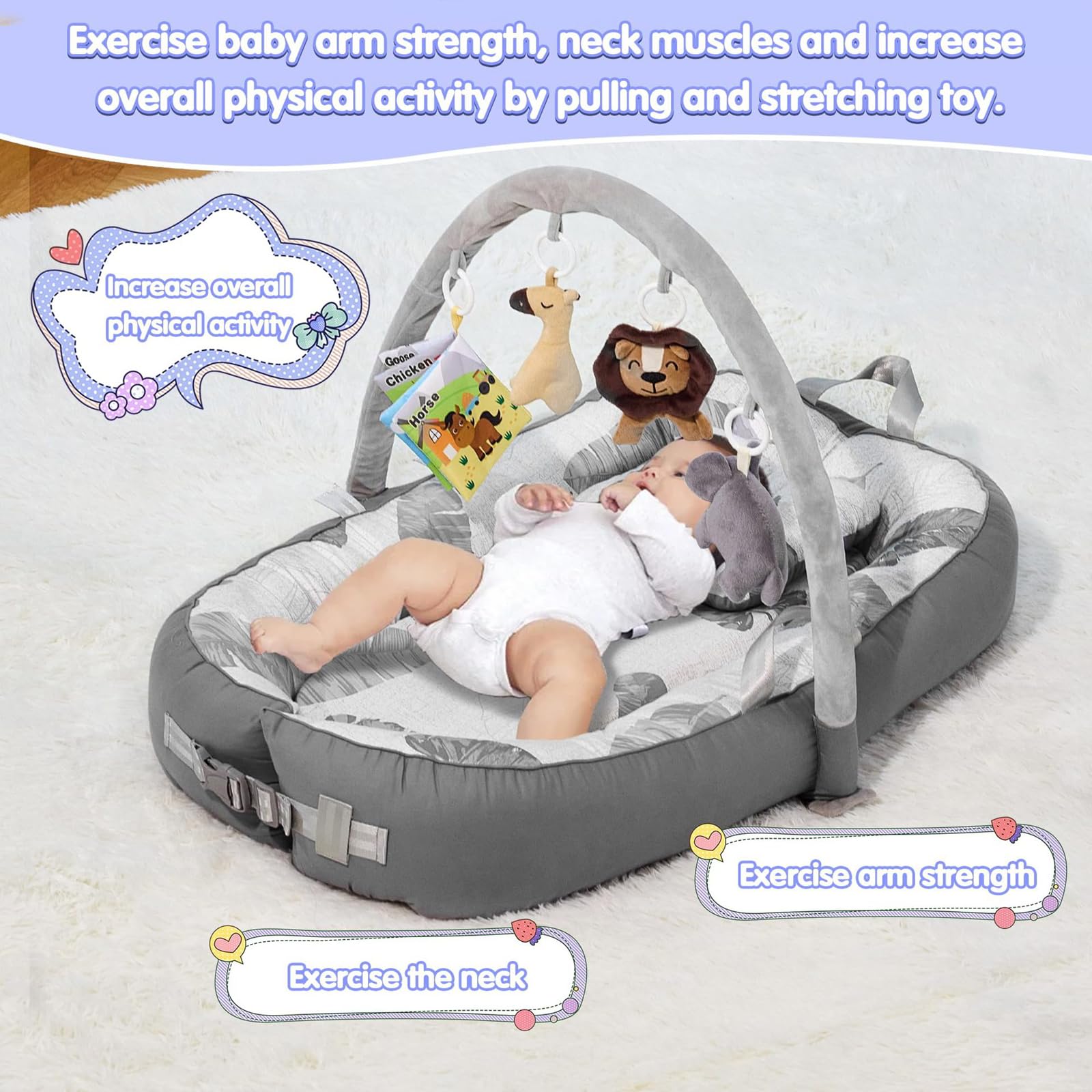 Babynest-Set mit Spielzeug, beaufsichtigter Baby-Schlafschale, weich und atmungsaktiv, 100 % Baumwolle, Schlafkopf-Baby, 76 cm x 53 cm, für 0–9 Monate. Unverzichtbares Geschenk für Neugeborene.