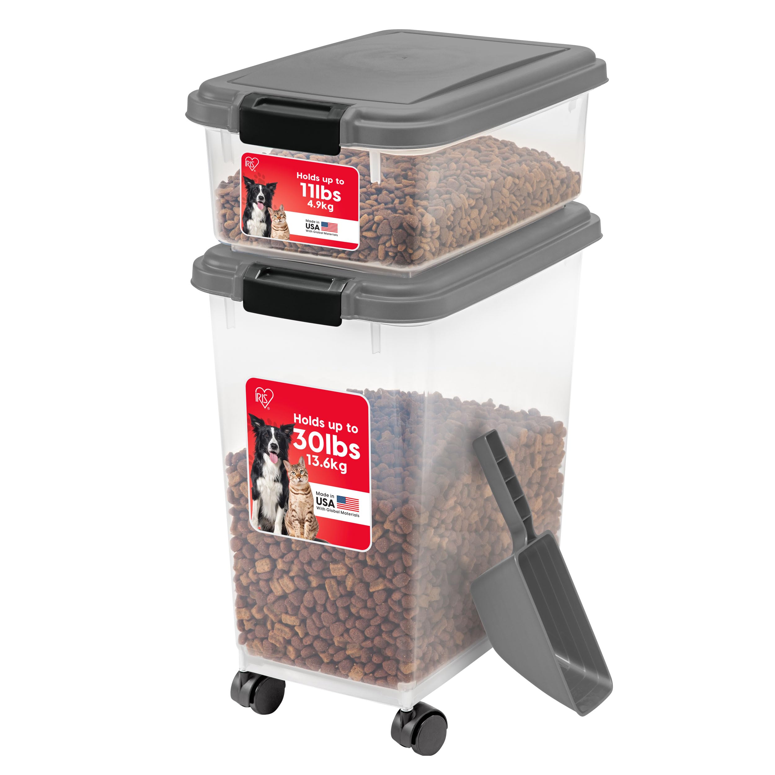 IRIS USA 30 lbs & 11 lbs Combo Airtight Dog Food Storage Container, Stackable Treat Box, 2-Cup Scoop, Wheels, Keep Fresh, Easy Mobility, Dark Gray