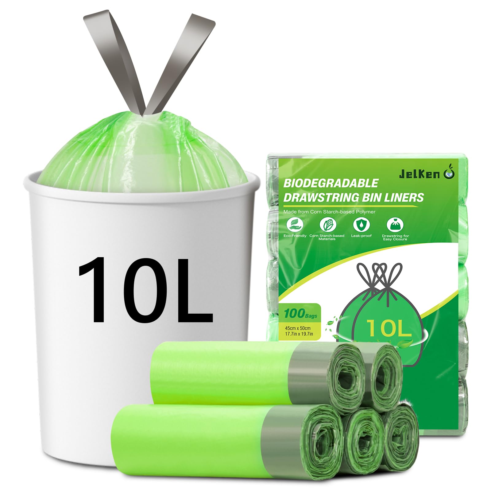 Jelken 100 Biodegradable Bin Liners 10L With Drawstring Tie Handle, Food Waste Bags Strong Trash Bags (45 X 50Cm)