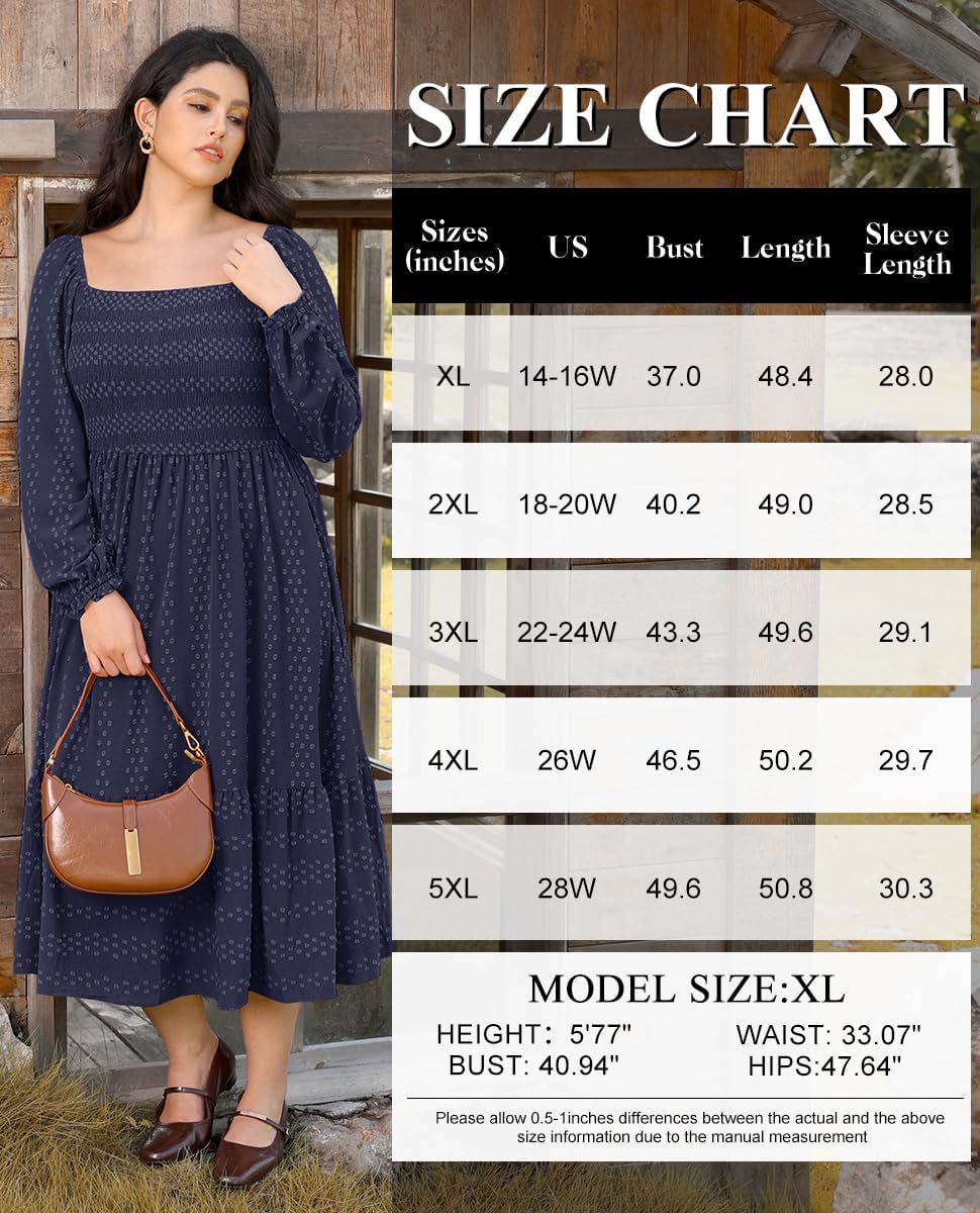 RITERA Plus Size Fall Dresses for Curvy Women Maxi Wedding Guest Long Sleeve Smocked Swiss Dot Winter Dress Pockets XL-5XL - Image 6