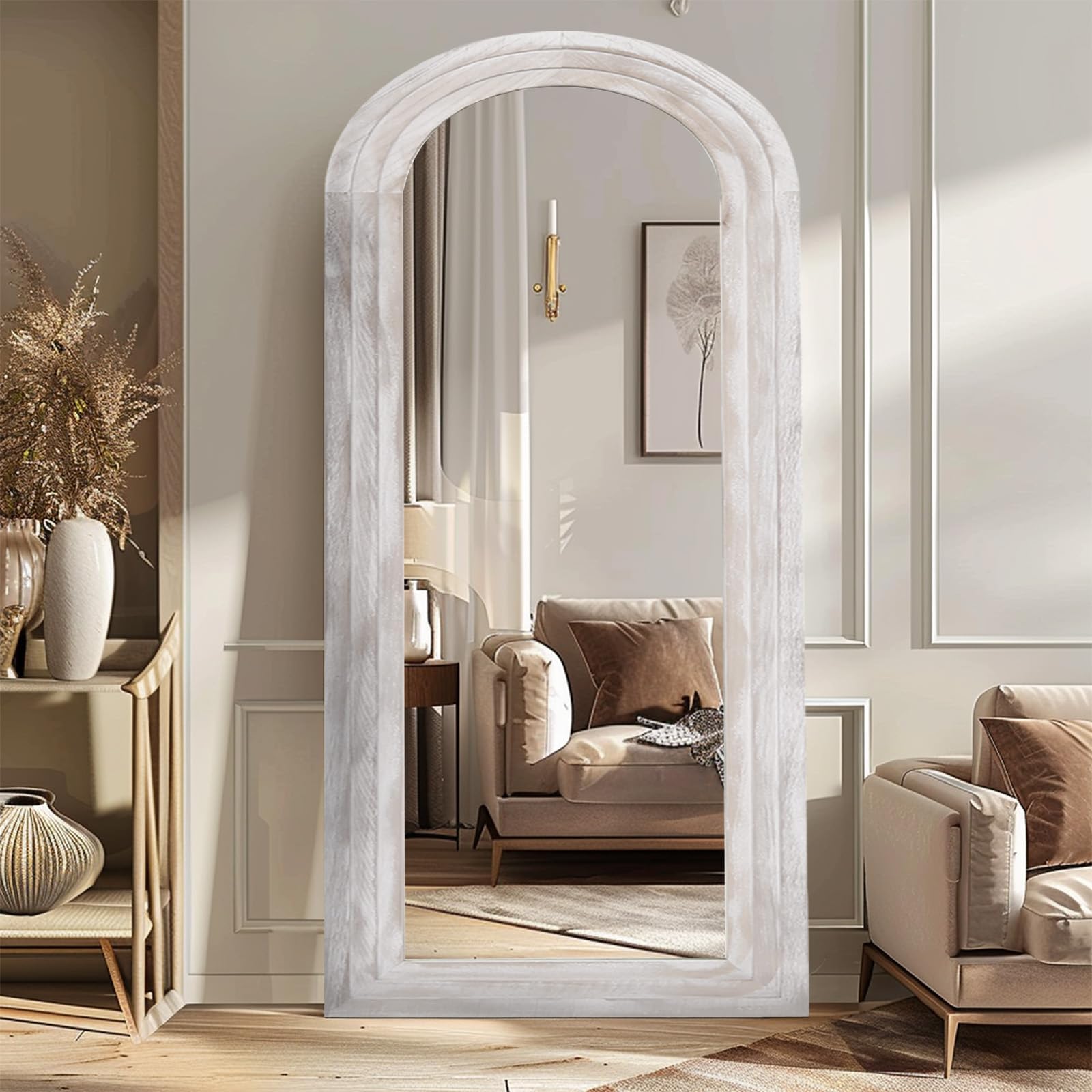 MAXEN Großer Bogen Ganzkörperspiegel 180x80 cm, Gewölbter Standspiegel | Und Wandspiegel Mit Massivholzrahmen, Bauernhaus-Stil, Bruchsicheres Glas, Weiß, Für Schlafzimmer Und Wohnzimmer.