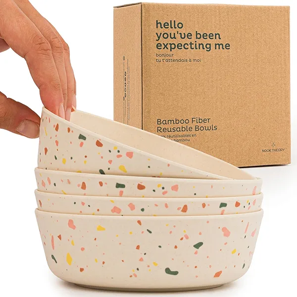 Nook Theory 4 Pack Bamboo Bowls - 18 Oz Reusable Toddler and Kids Bowl, Dishwasher Safe - Not Microwavable Bamboo Dishes (Celebration)