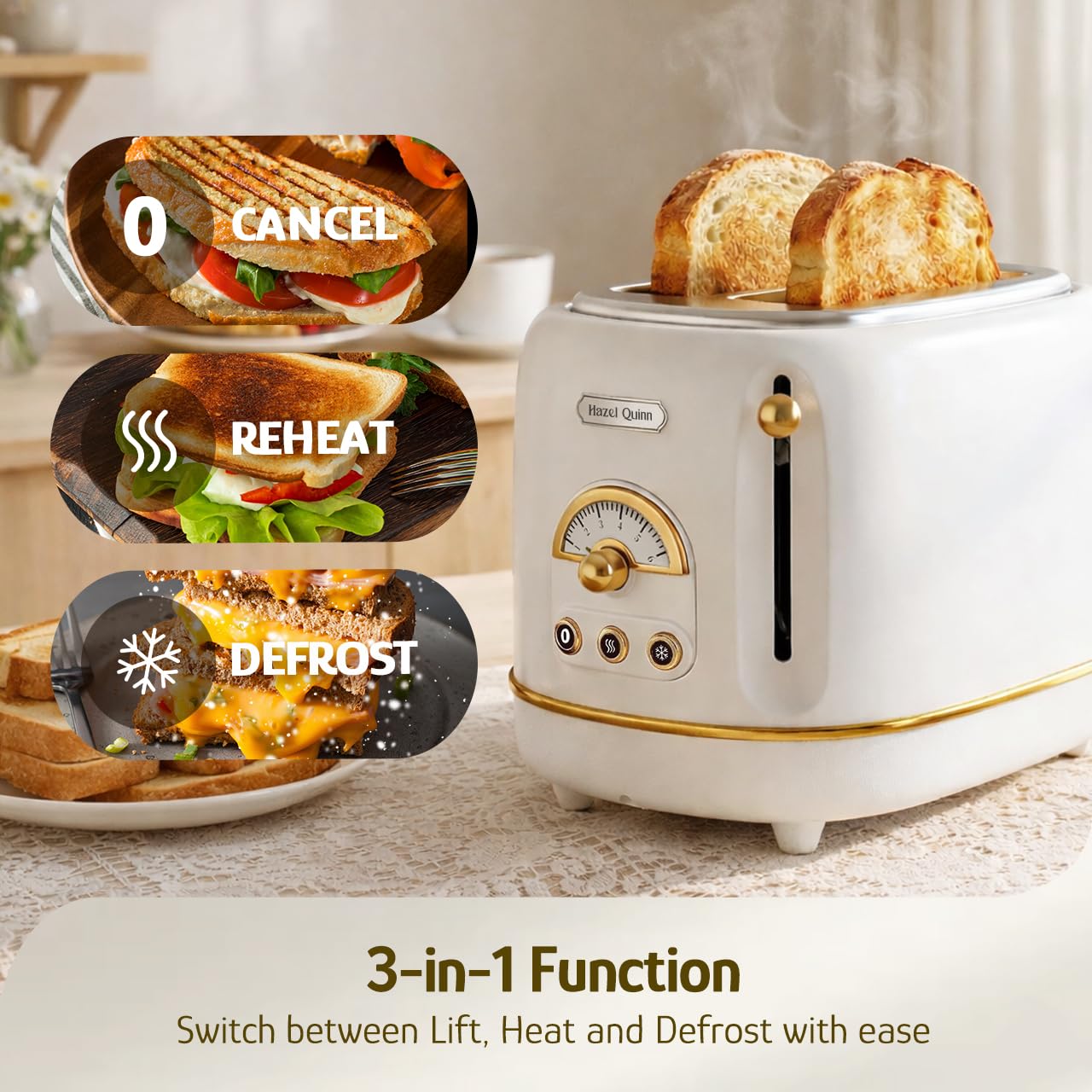 Hazel Quinn X Eduardo Recife Collaboration 2-Slice Retro Toaster, 6 Browning Levels, 3 Functions-Defrost/Reheat/Cancel, Removable Crumb Tray for Easy to Clean, 1.5 Inches Extra Wide Slots: Preal White