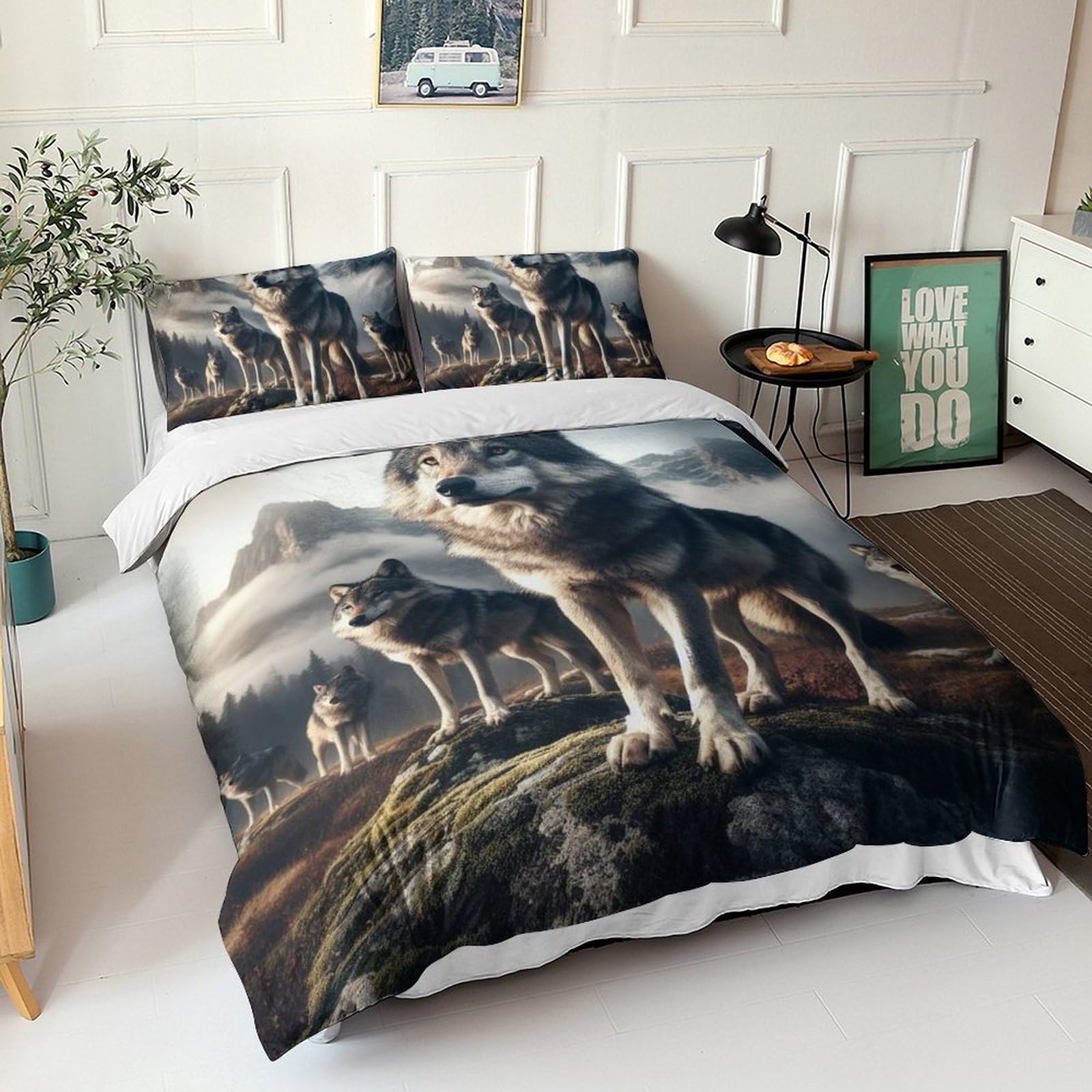 Housse de couette zippée microfibre douce parure de lit loup anti-plis