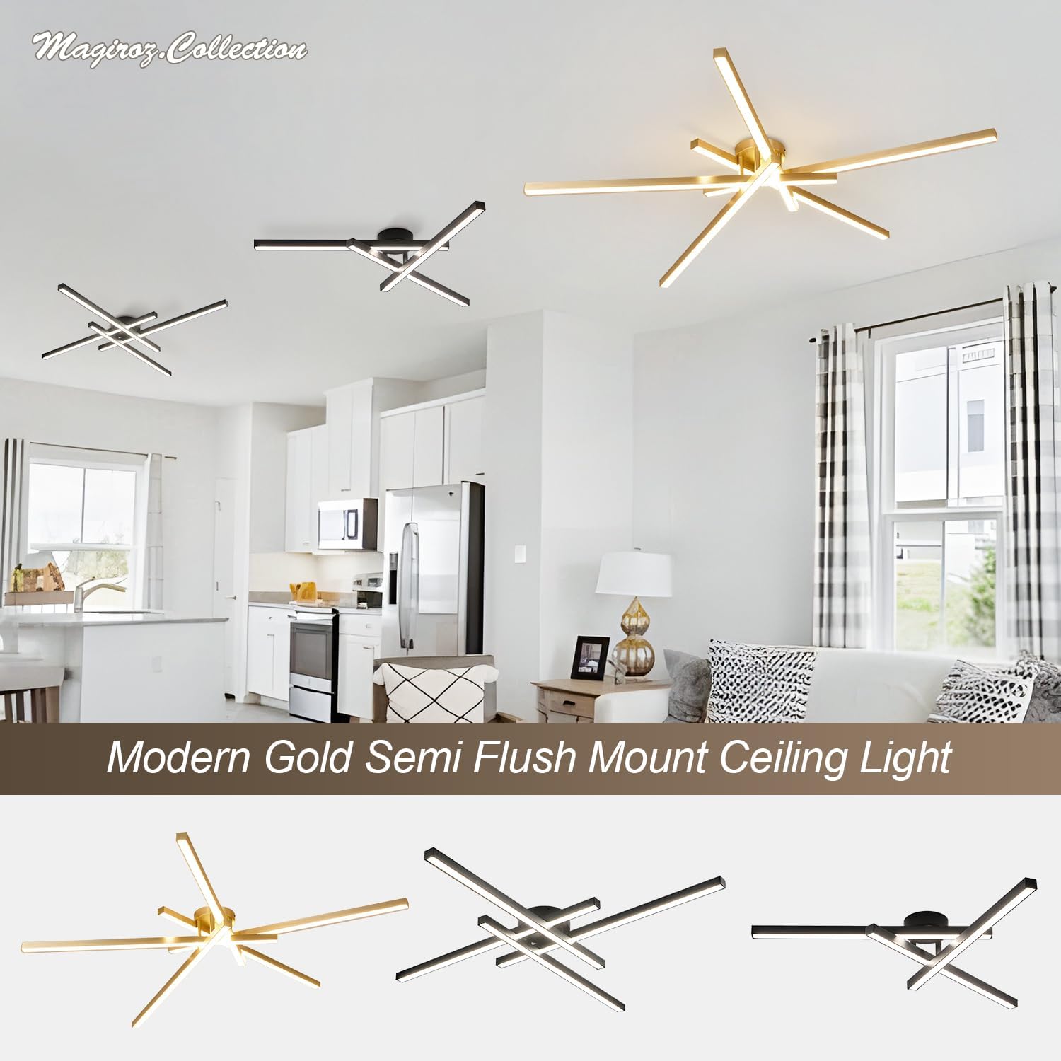 5 Lights Gold Modern Sputnik Chandelier Ceiling Light Fixtures Farmhouse Semi Flush Mount Kitchen Ceiling Light Fixtures Sputnik Close to Ceiling Light Golden Ceiling Lamp MCL07-5 GD