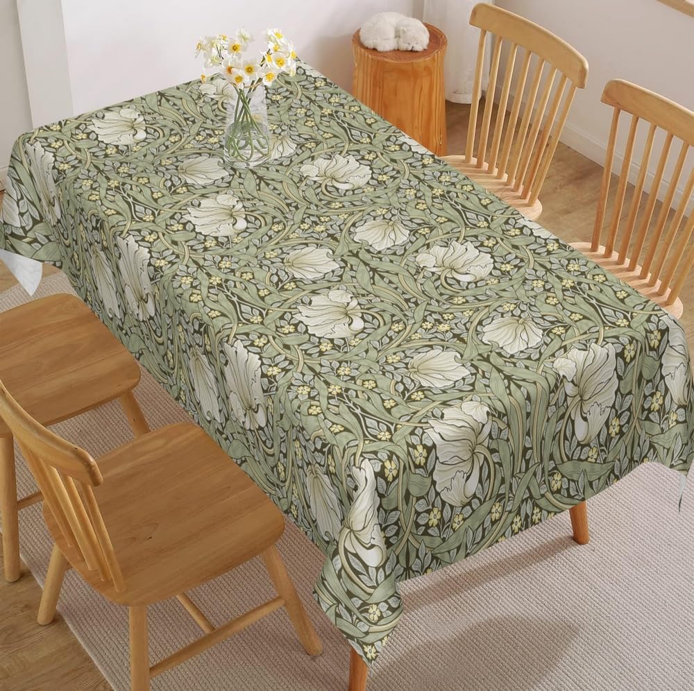 William Morris Vintage Floral Rectangle Tablecloth,Waterproof Stain Resistant Table Cloth,Sage Green/Yellow Farmhouse Decorative Table Cover for