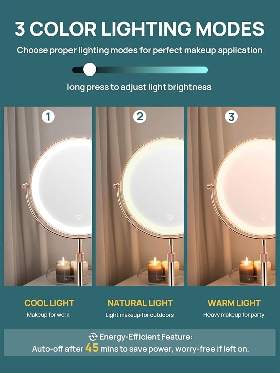 OMIRO Lighted Makeup Mirror with 3X/10X Magnifications, 8.5 in, Rose Gold
