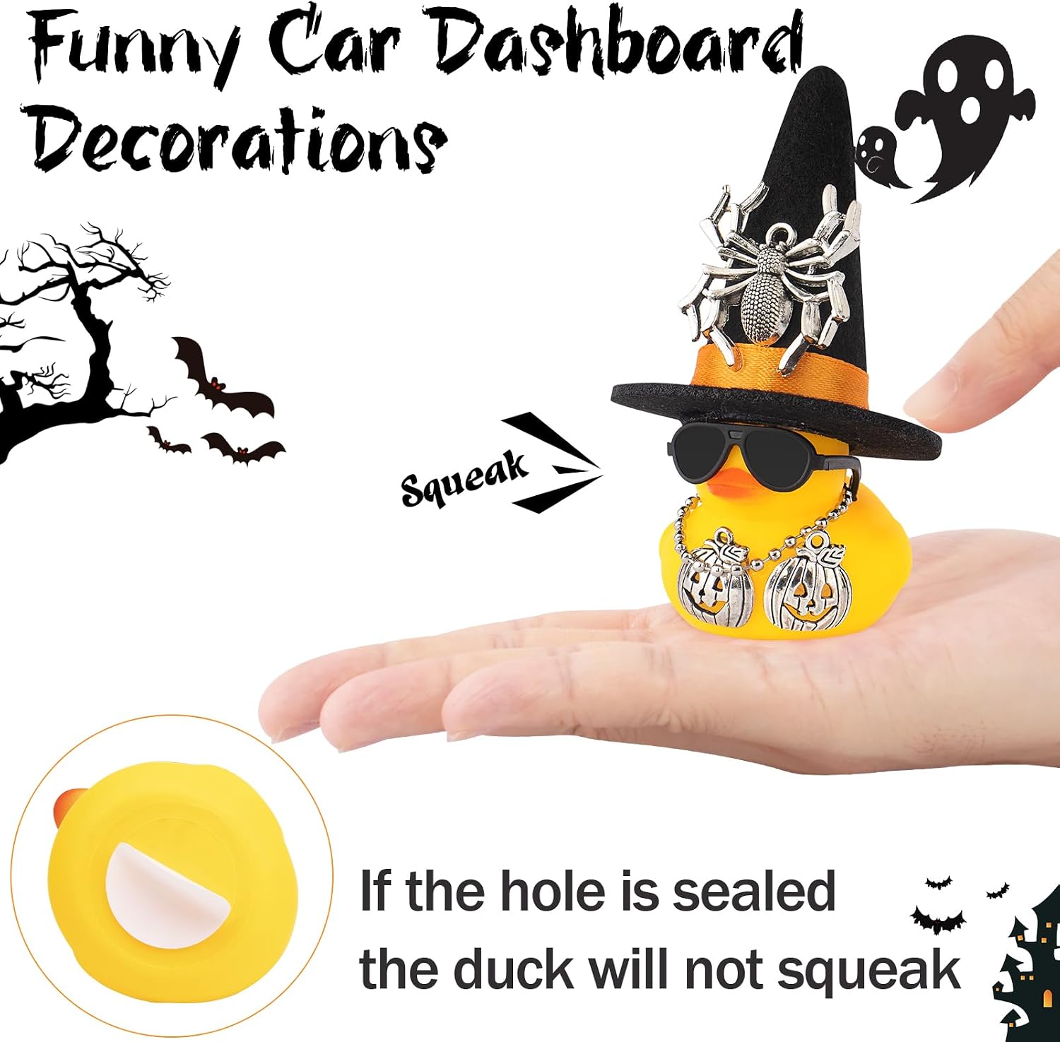wonuu Halloween Party Spider Rubber Duck with Mini Sunglasses Necklace Mini Ducky for Car Ornament Home Decor All Saint's Day Decotaion, Assemble Needed, Black Hat Orange Ribbon with Pumkin