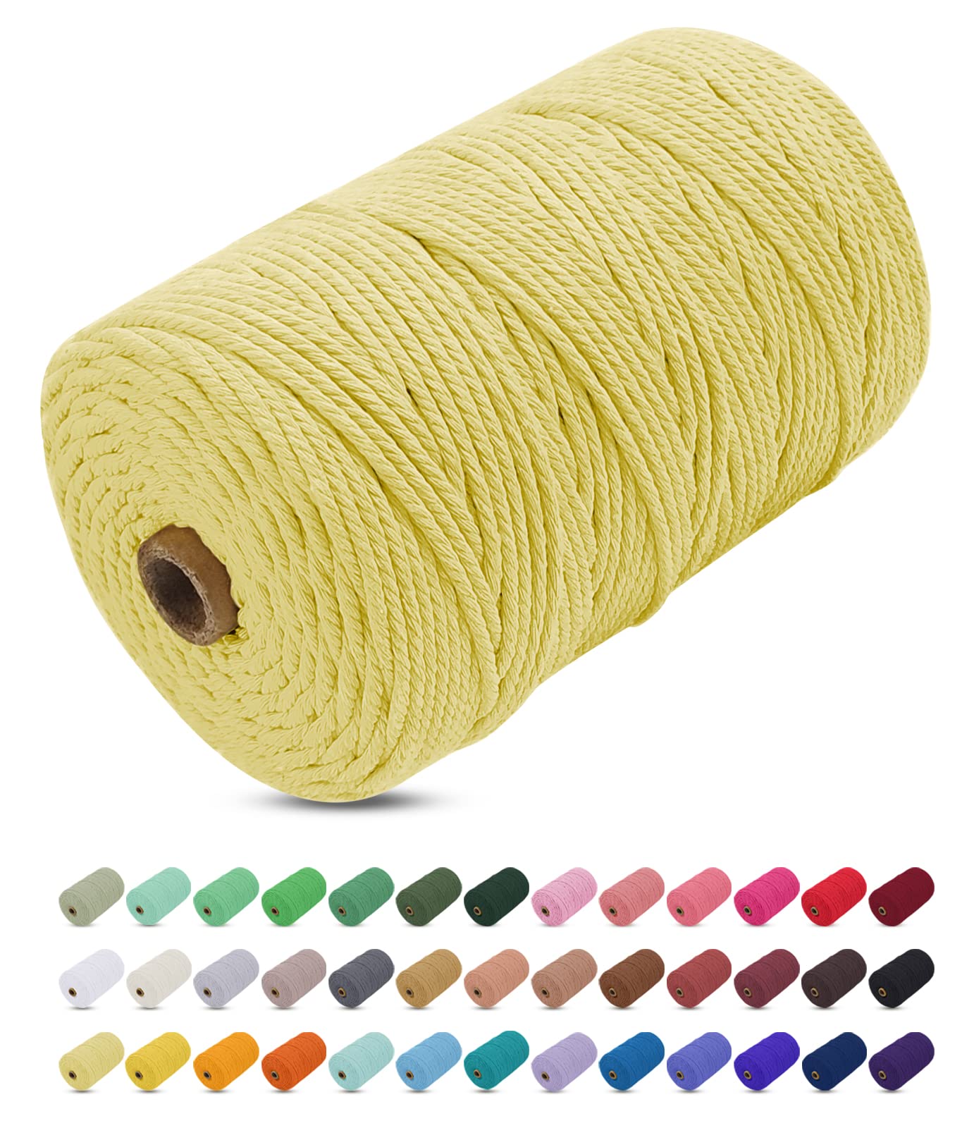 Uiopa Light Yellow Macrame Cord 3Mm X 200M, Thick Macrame Rope Yarn Soft Natural Cotton Cord, Coloured 4-Ply Macrame String For Diy Craft, Plant Hangers, Wall Hanging, Christmas Decorations (Light Yellow)
