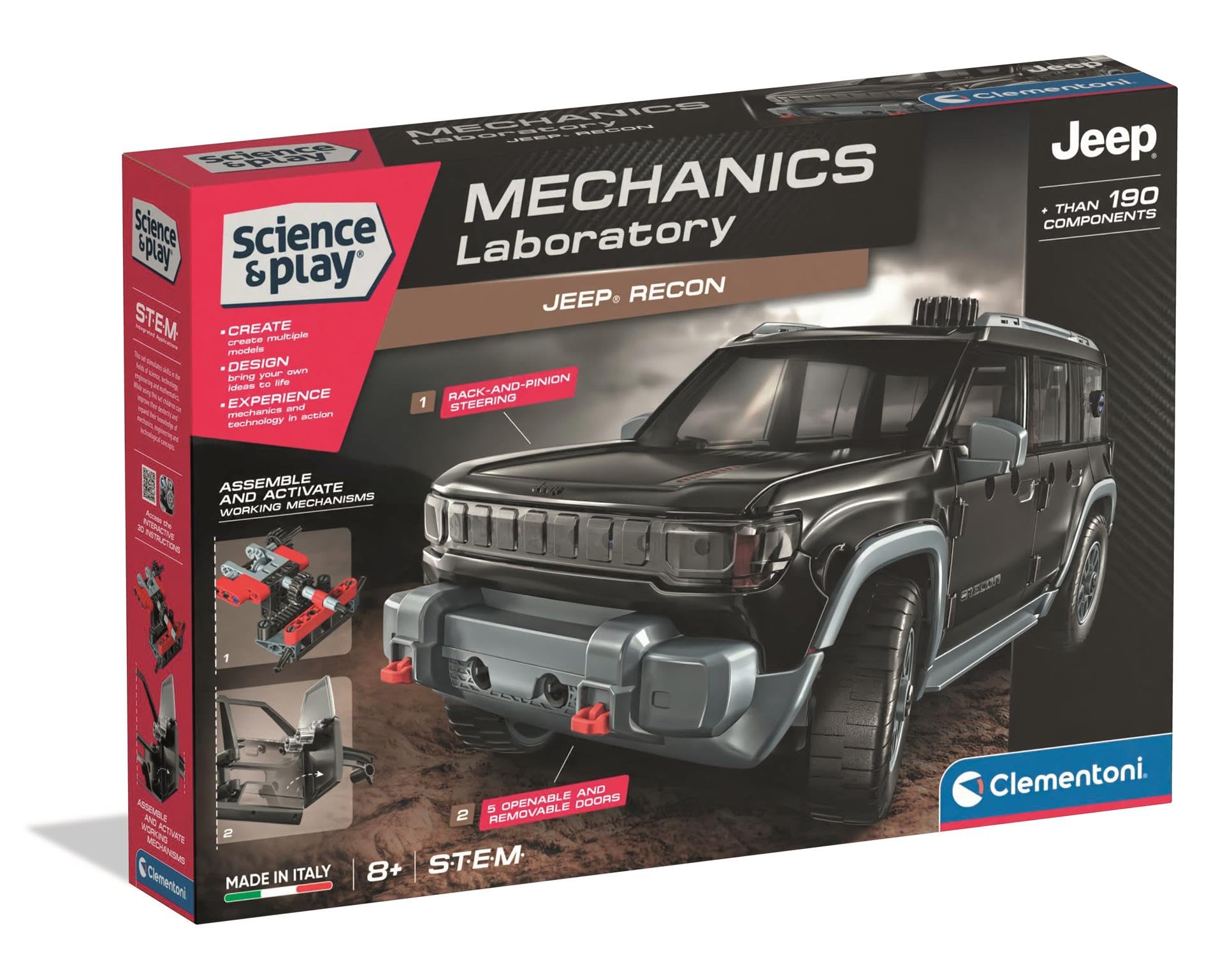 Clementoni Mechanics Jeep Recon 4x4  Buildable Electric Off-Road Vehicle Model Kit with 200+ Components for Kids 8+