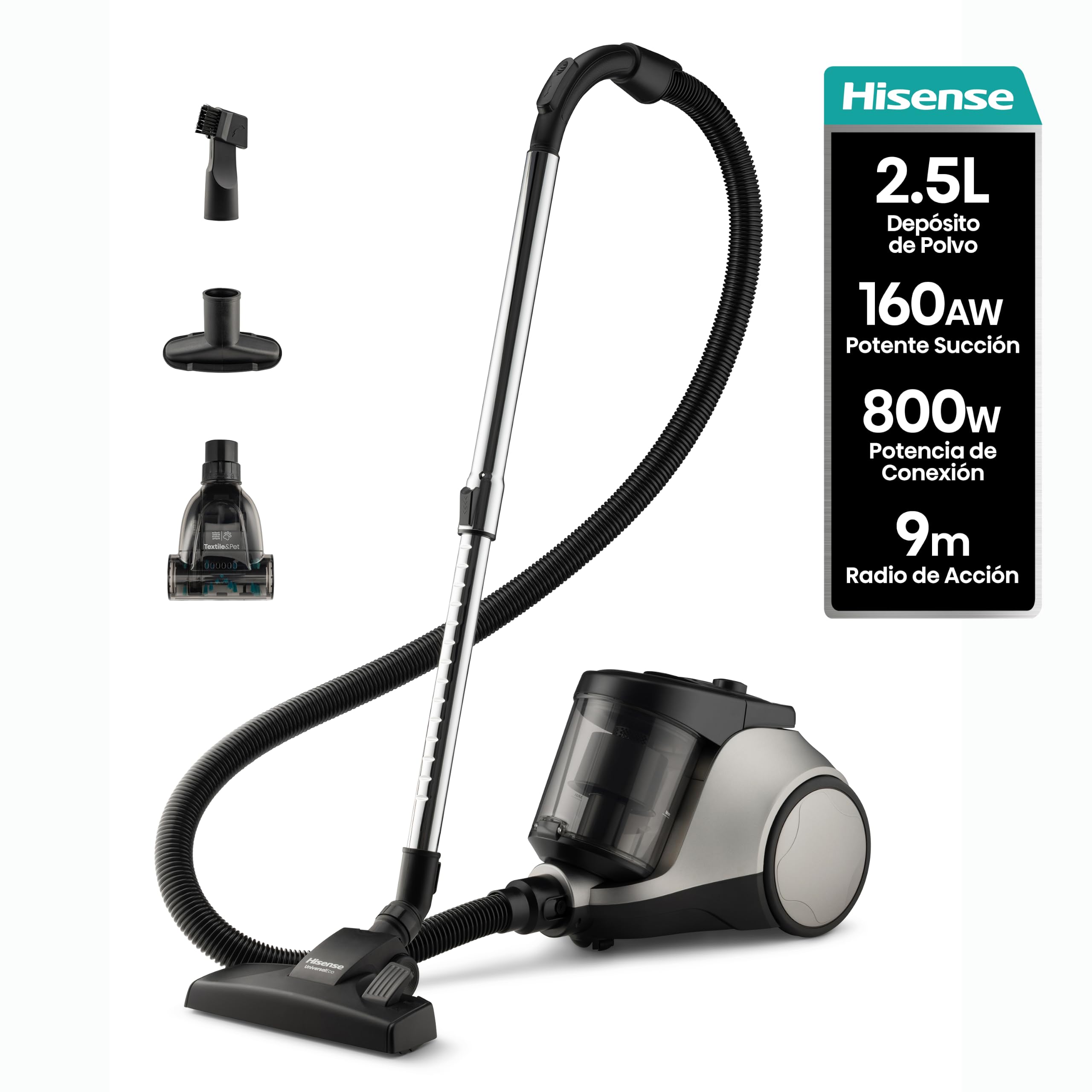 Hisense HVC20E3H2TPA Aspiradora Trineo ciclónica sin Bolsa, Cepillo HI2 Textil y Mascotas, Potente succión de 160W, Tubo telescópico metálico y Boquilla con Cepillo 2 en 1 para Suelos Duros