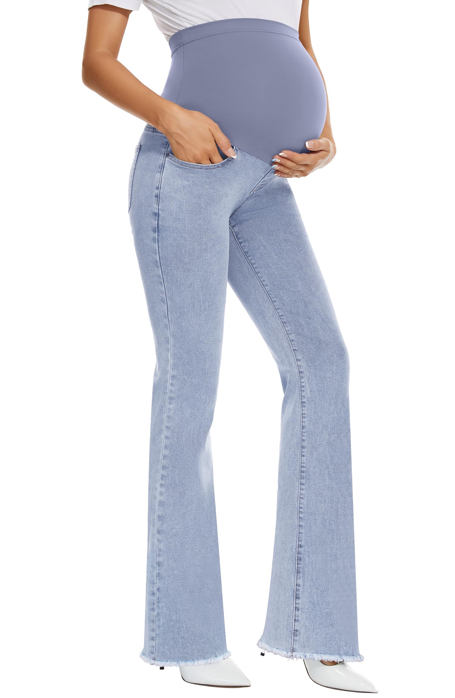 GLAMIX Women's Stretch Maternity Bootcut Jeans with Pockets Over The Belly Bell Bottoms Flare Denim Pants Pregnancy Clothes