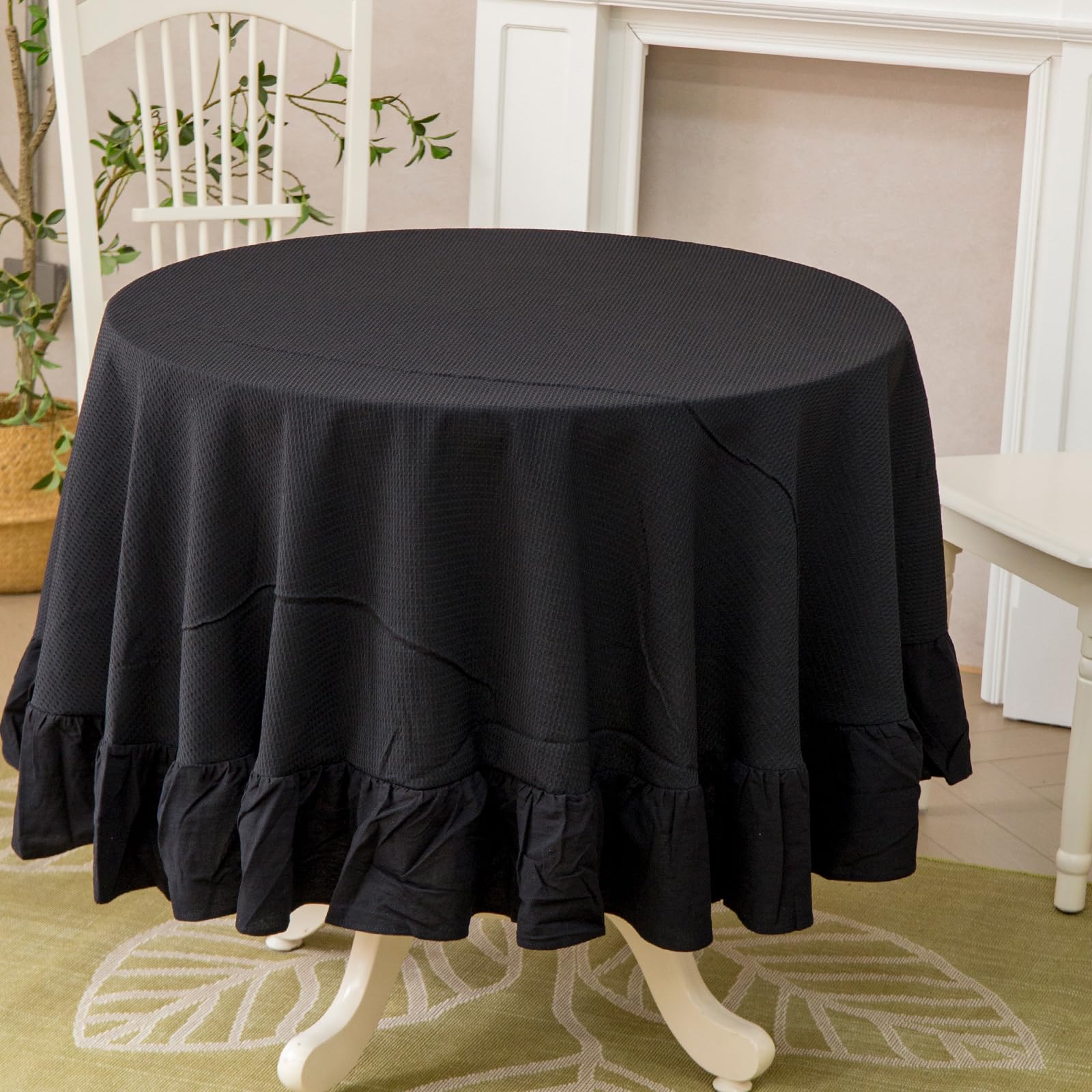 GLORY SEASON Waffle Weave Textured Round Tablecloth with Cotton Retro Ruffle Trim Solid Table Cover for Buffet Banquet Parties Event Holiday Kitchen Dining Farmhouse Decor Black 70 Inch