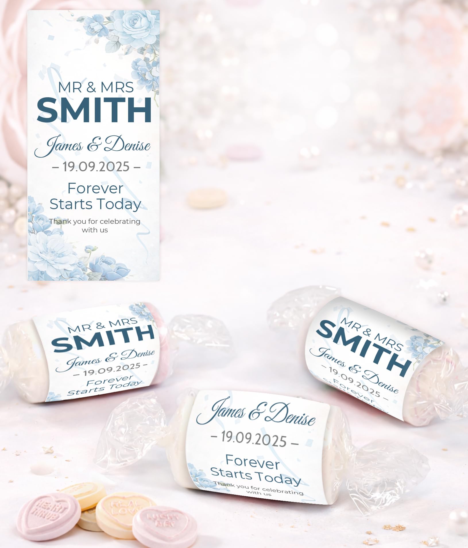 Personalised Wedding Favours Love Hearts, Custom Wrapped Wedding Sweets, Forever Starts Today, Mr & Mrs Favours UK (Champagne Gold) — view 6