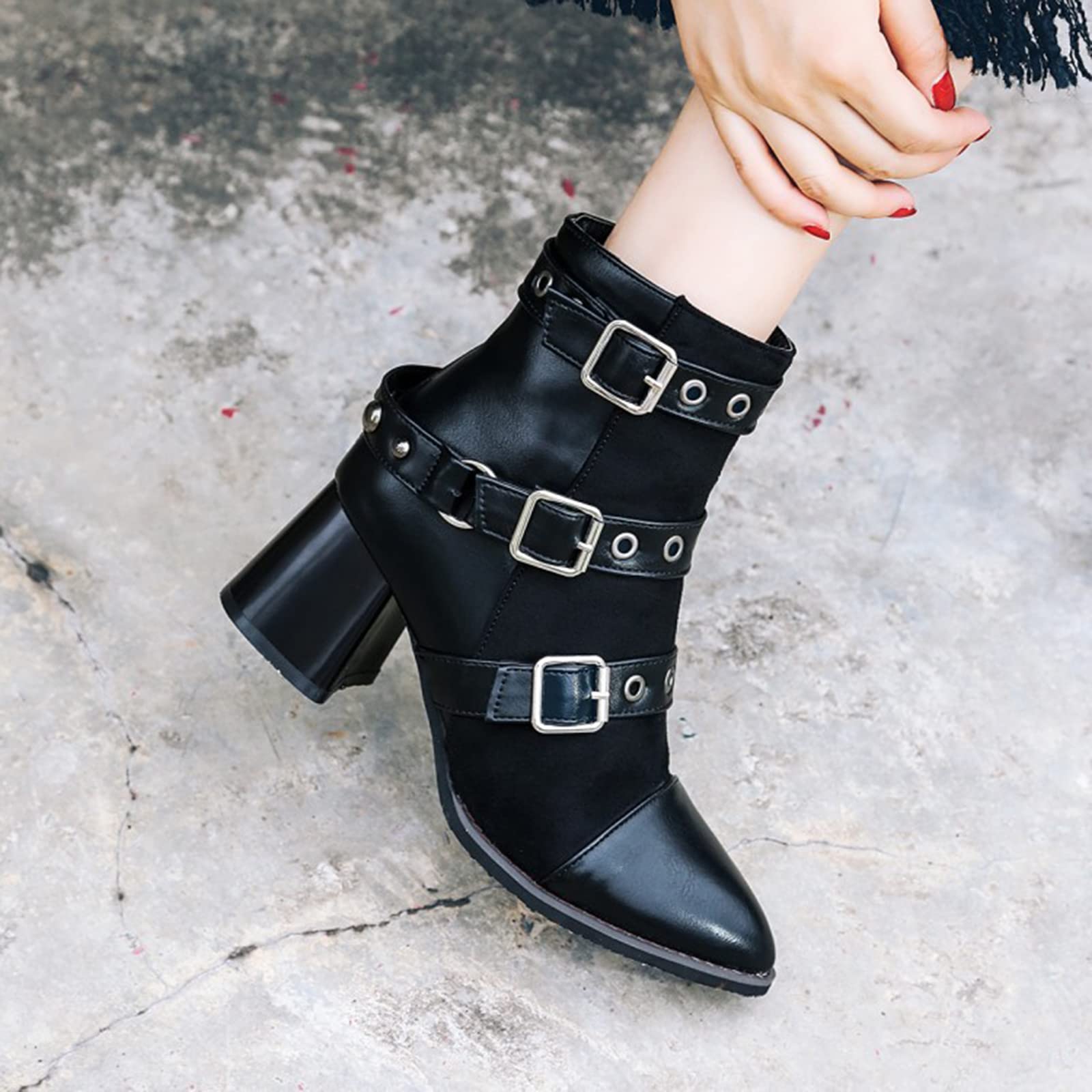 Botas Cortas Elegantes Y Versátiles con Punta En Pico De 6CM/2,36 Pulgadas Botines De Tacón Alto con Hebilla De Cinturón Botas De Baile En Barra De Tacón Alto