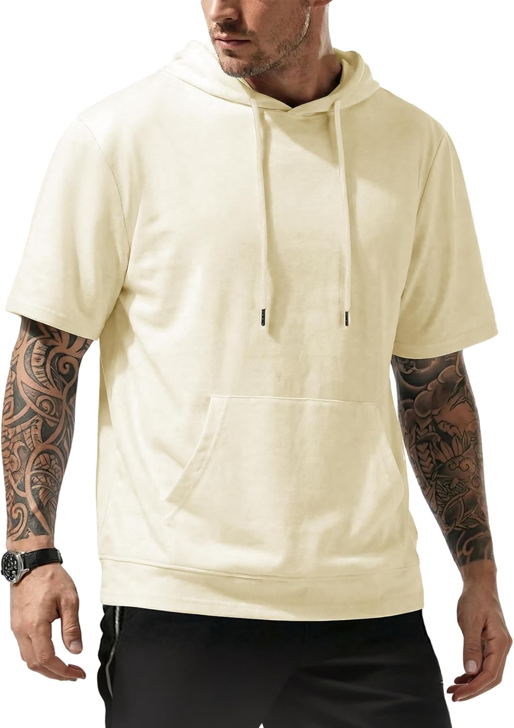 JMIERR Mens Short Sleeve Hoodie Cotton Hooded T-shirts Lightweight Solid Sweatshirts with Pocket