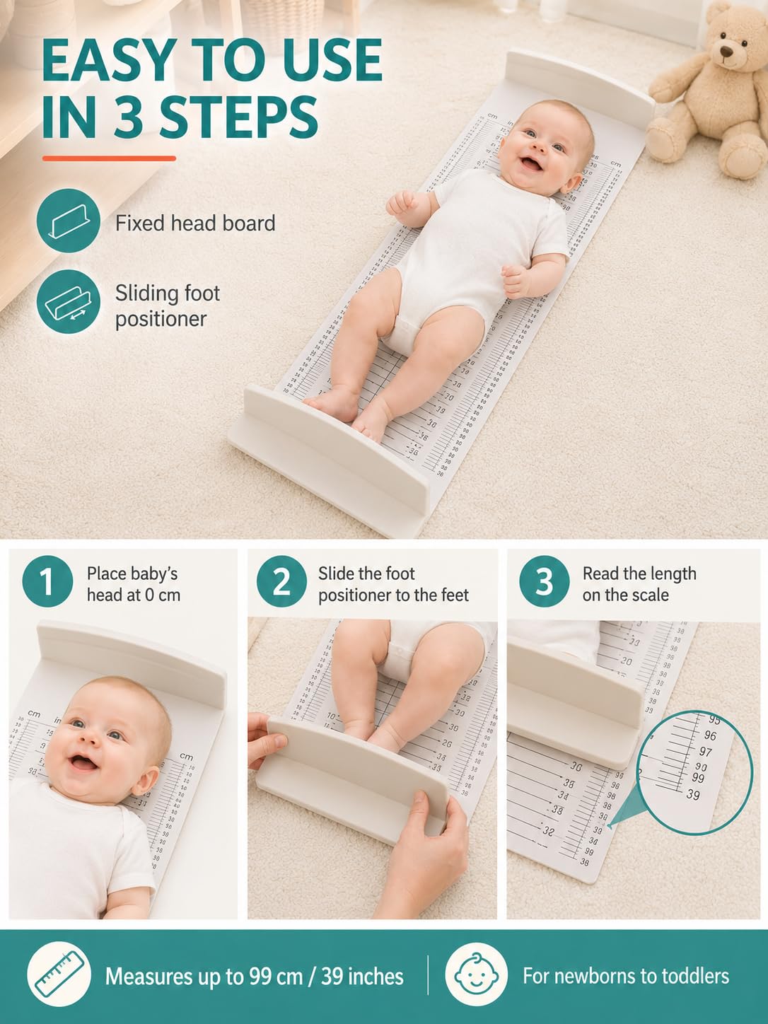 Messmatte Baby, Baby Größe Messen, Baby Infantometer Höhenlineal Messmatte, Waschbarer Messlatte Babies, Babyhautfreundlich, Genaue Messung, Weiß