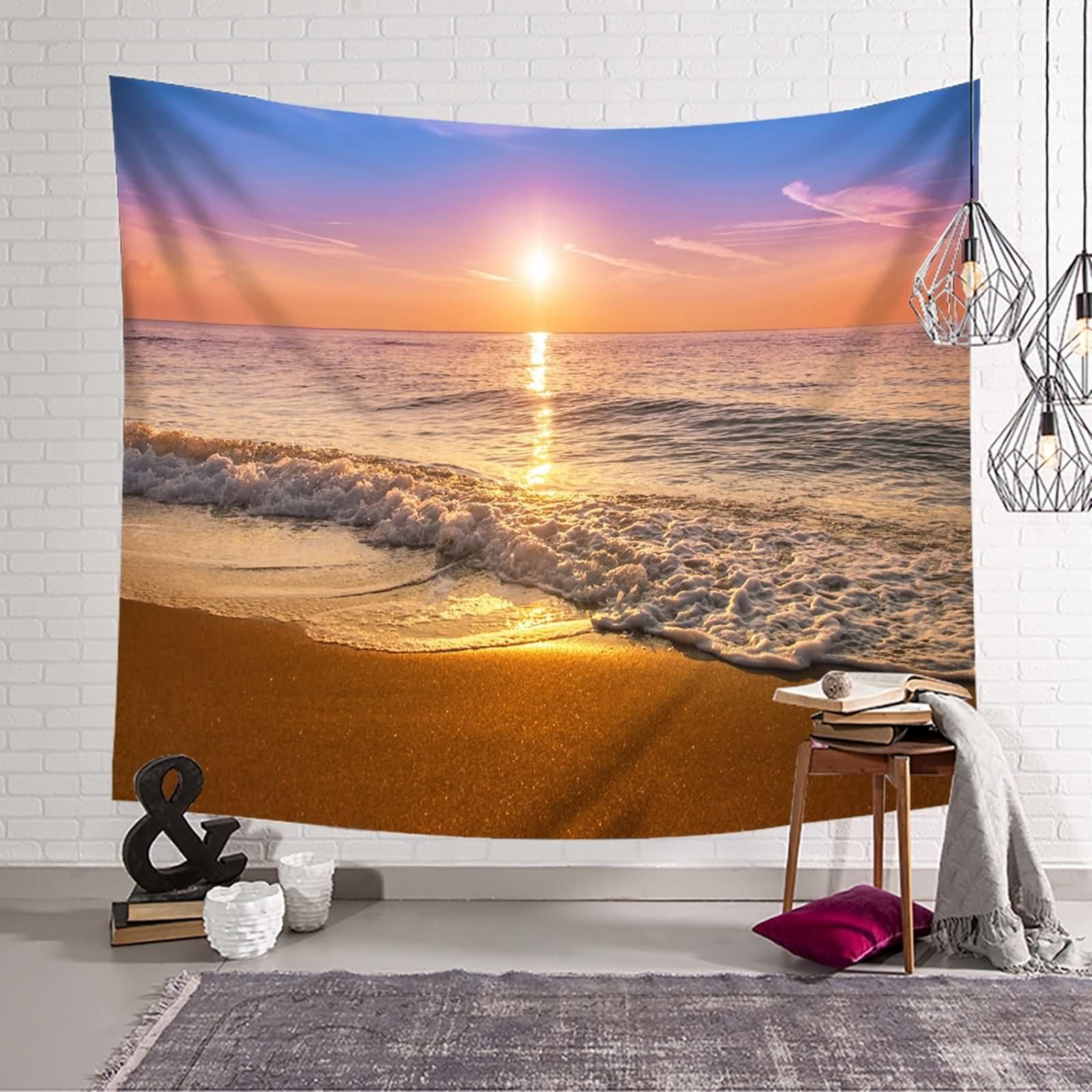 Homxi Dekoracja na ścianę, krajobraz, okno, 200 x 200 cm, plaża i zachód słońca, krajobraz, dywan ścienny, krajobraz, poliester, brązowy, niebieski