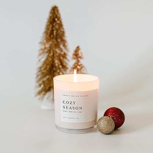 Miniatura 4 de Sweet Water Decor Cozy Season Soy Candle  Woods, Warm Spice, and Citrus Fall Scented Candles for Home  11oz White Jar + Wood Lid, 50+ Hour Burn