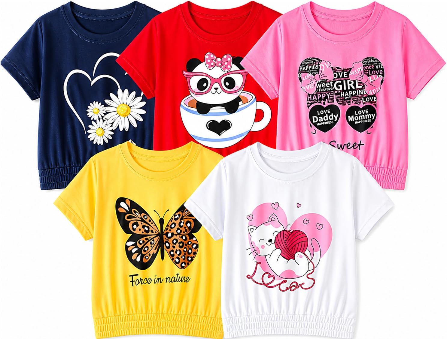 Girls Cotton Printed DropShoulder Oversized Fit T-Shirt (Pack of 5)