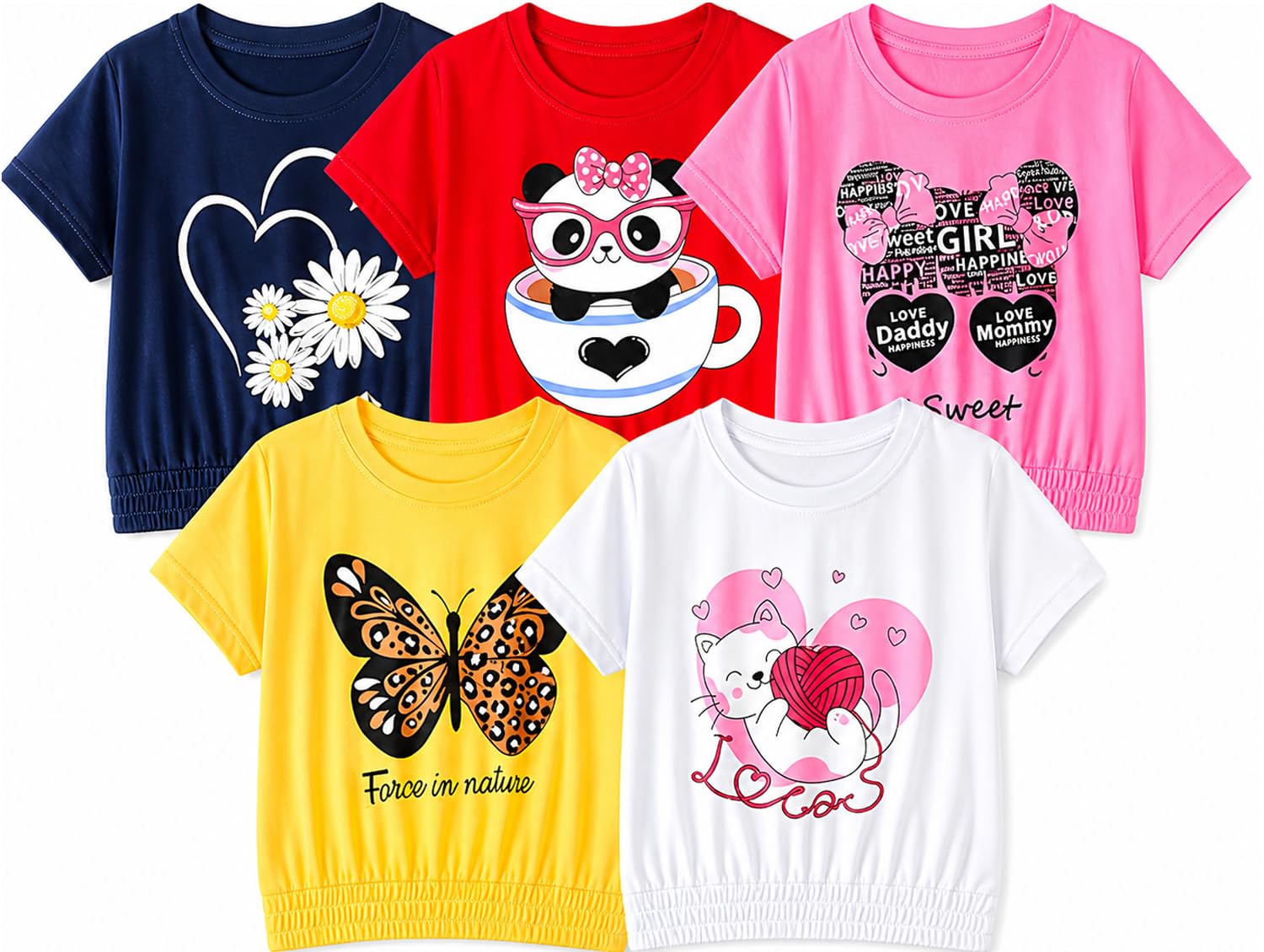 T2F Girls Cotton Printed DropShoulder Oversized Fit T-Shirt (Pack of 5)