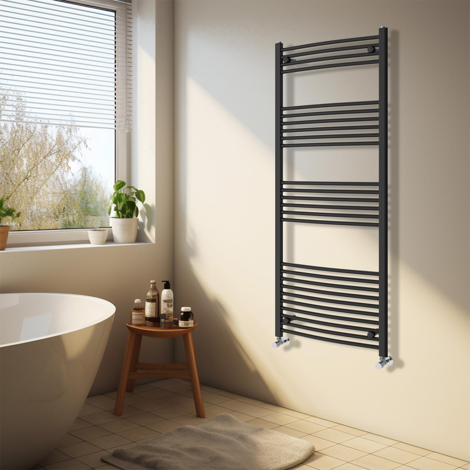 Nrg Black Heated Towel Rail Curved Designer Bathroom Radiator - 1600×600Mm