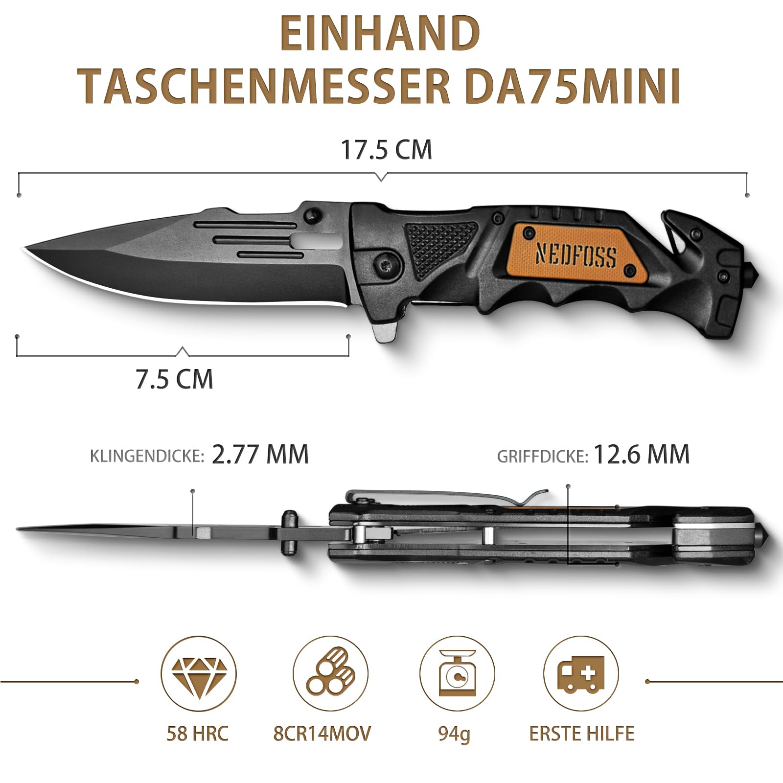 NedFoss DA75 MINI Rettungsmesser 7.5CM Klappmesser mit Gurtschneider Glasbrecher Liner Lock Kugellager Einhandmesser Survival
