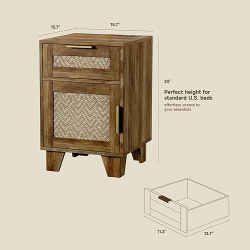 Miniatura 2 de ONBRILL Mesa auxiliar con estación de almacenamiento y carga, mesita de noche de madera de granja con cajones, estante ajustable, mesas auxiliares