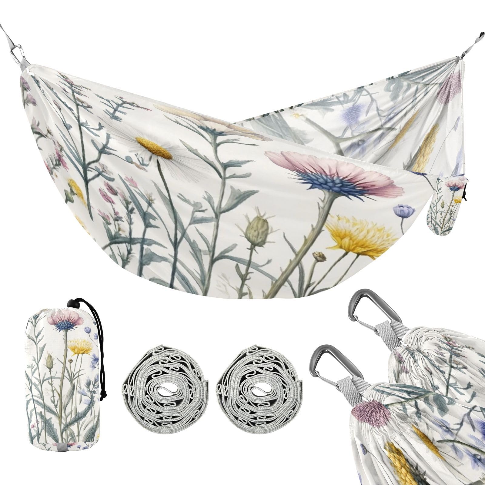 Haskirky Wildflowers Flower Camping Hammock, Single Portable Hammocks with Tree Straps & Attached Carry Bag, 330Lbs Capacity Perfect for Outside Indoor Hiking Beach Backpack Travel