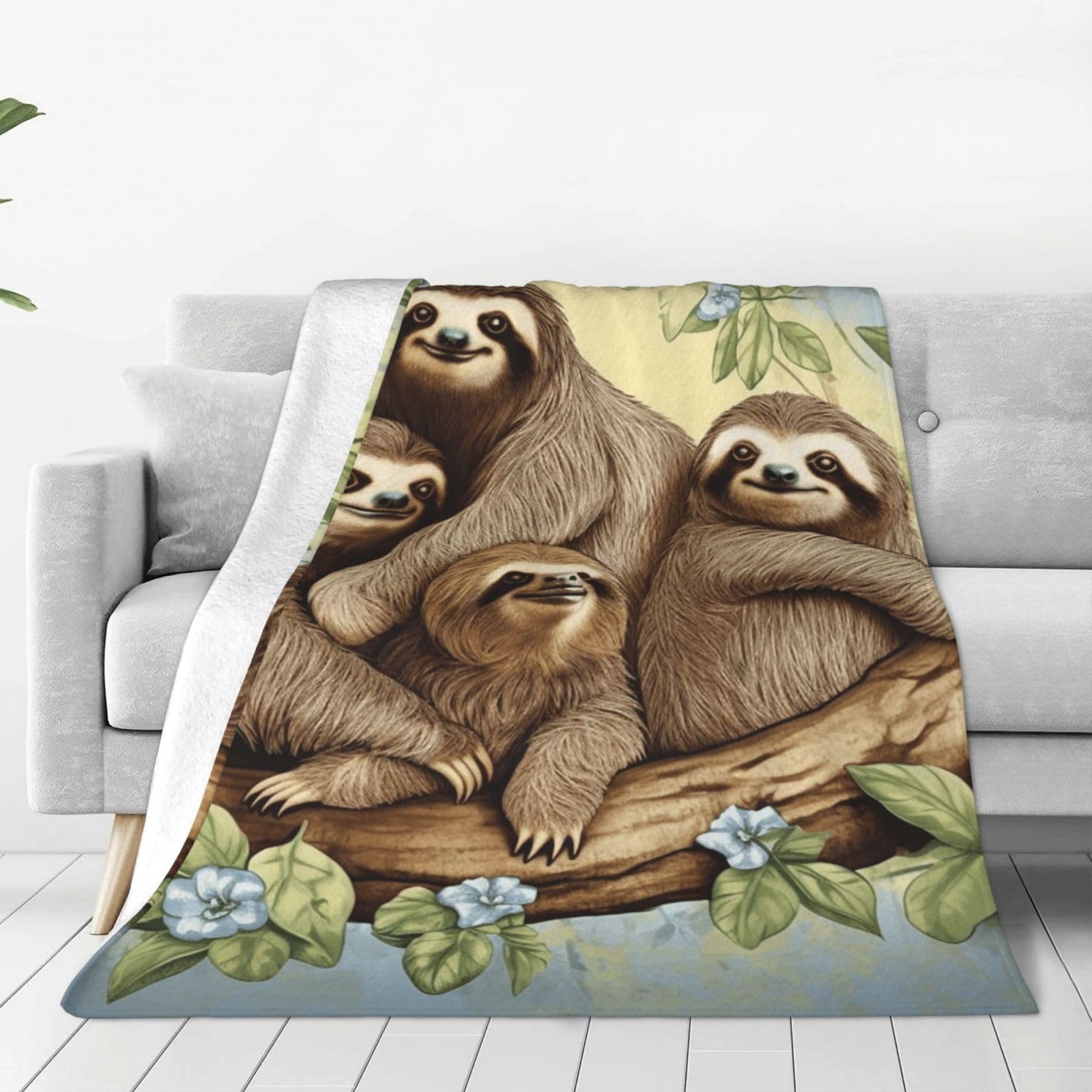 Sloth Family Throw Blanket 80"x60" Flannel Fluffy Warm Blanket for Couch, Reversible Plush Blankets for Bed, Comfy Fuzzy Blanket for Sofa, Plush Lightweight-Blankets for All Season