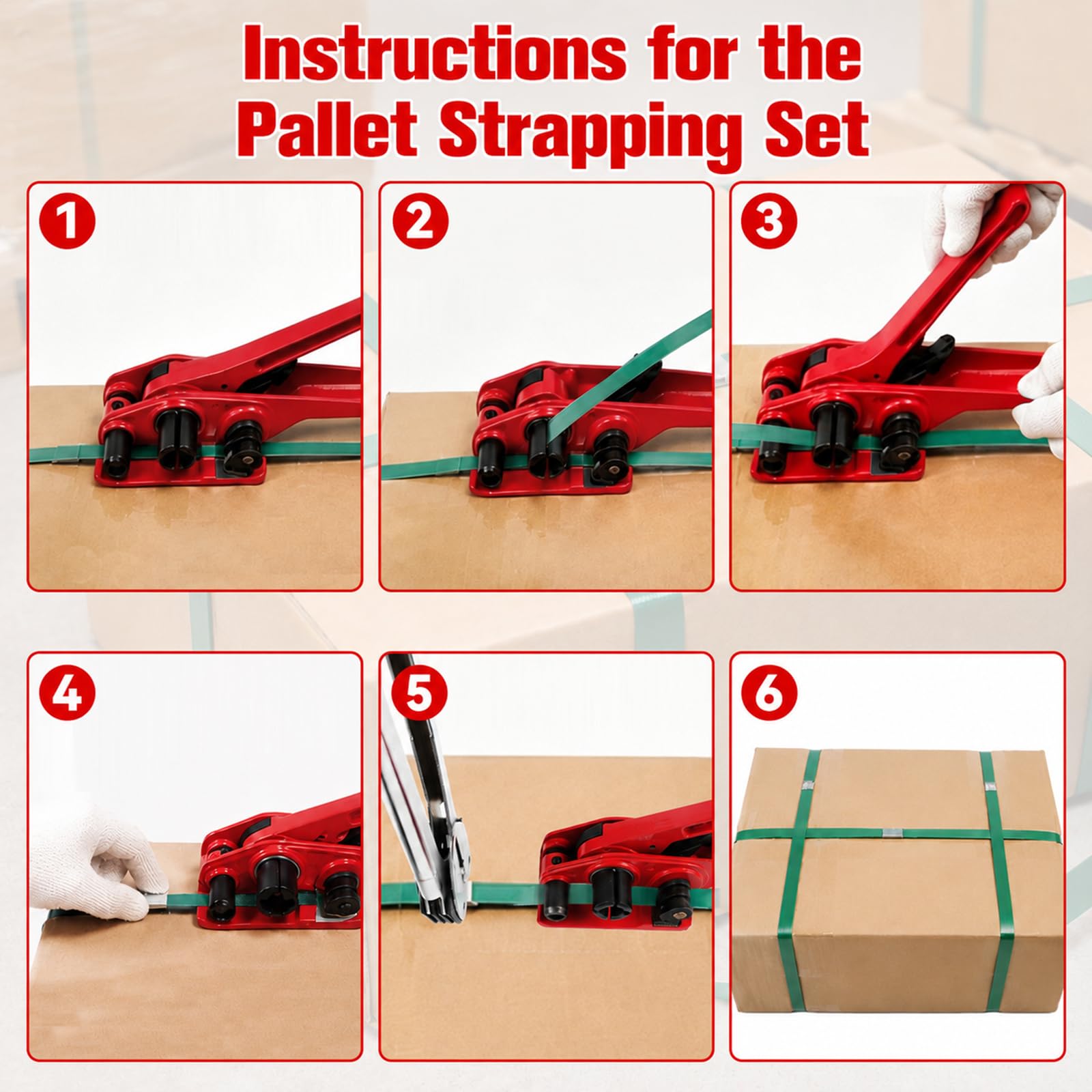 Set di reggiatura manuale con nastro in PET da 100 m, 100 clip, 20 paraspigoli, guanti, tenditori, per imballaggi in plastica PP/PET da 12-19 mm