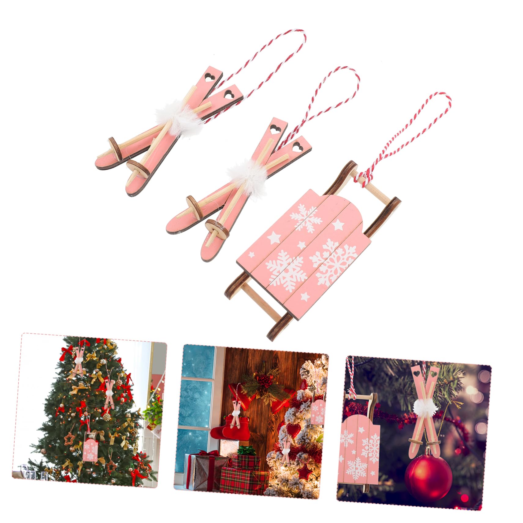 3 Mini Traîneaux De Noël En Bois - Décorations Suspendues Ou De Table, Rouge, 13x5 Cm