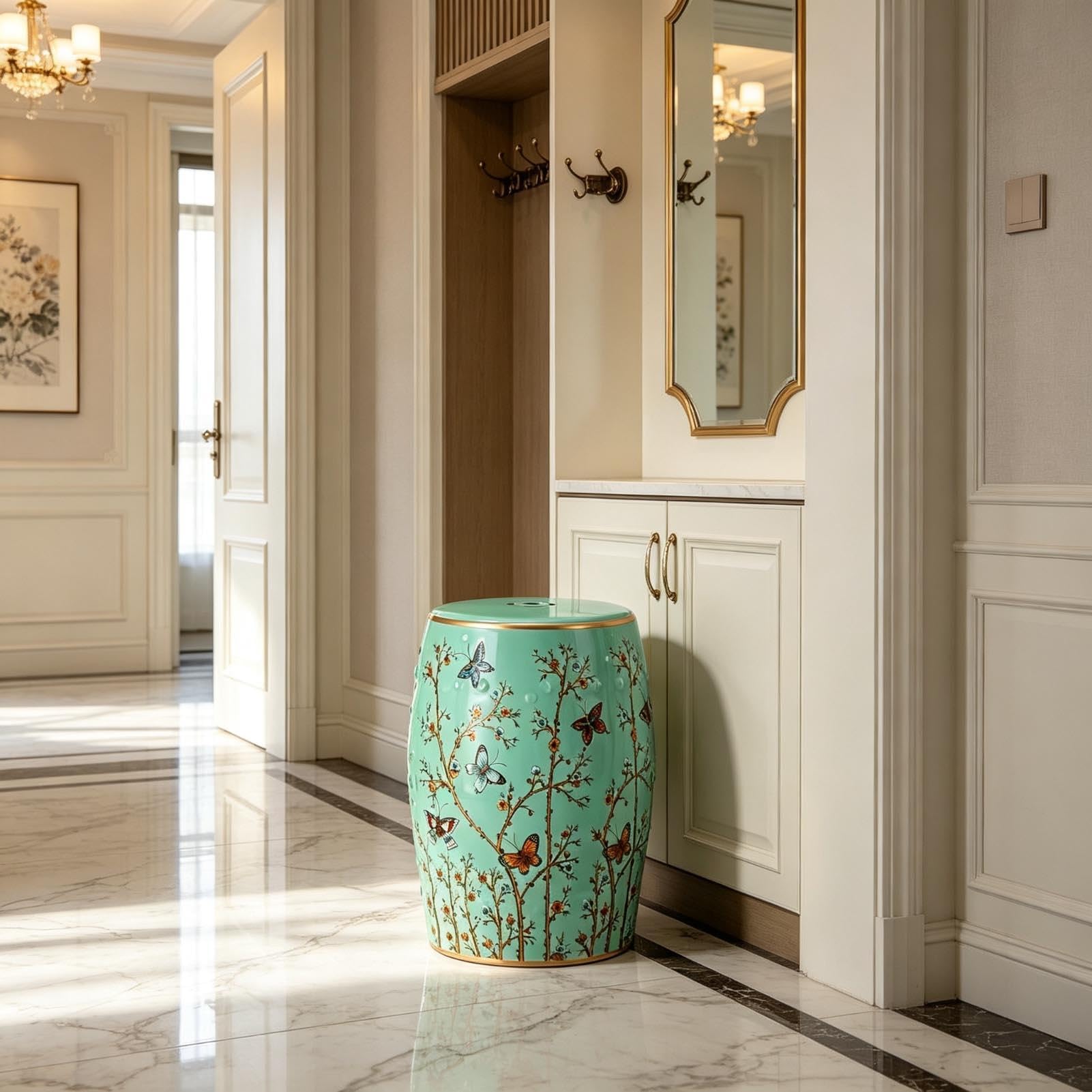 Dekoracyjny Ceramiczny Stołek Ogrodowy - Malowana Glazura Ręcznie Malowany Kwiat I Ptak Stołek Do Zmiany Butów Stołek Do Bębna Do Ogrodu Na Świeżym Powietrzu, Salonu, Tarasu(Green2)