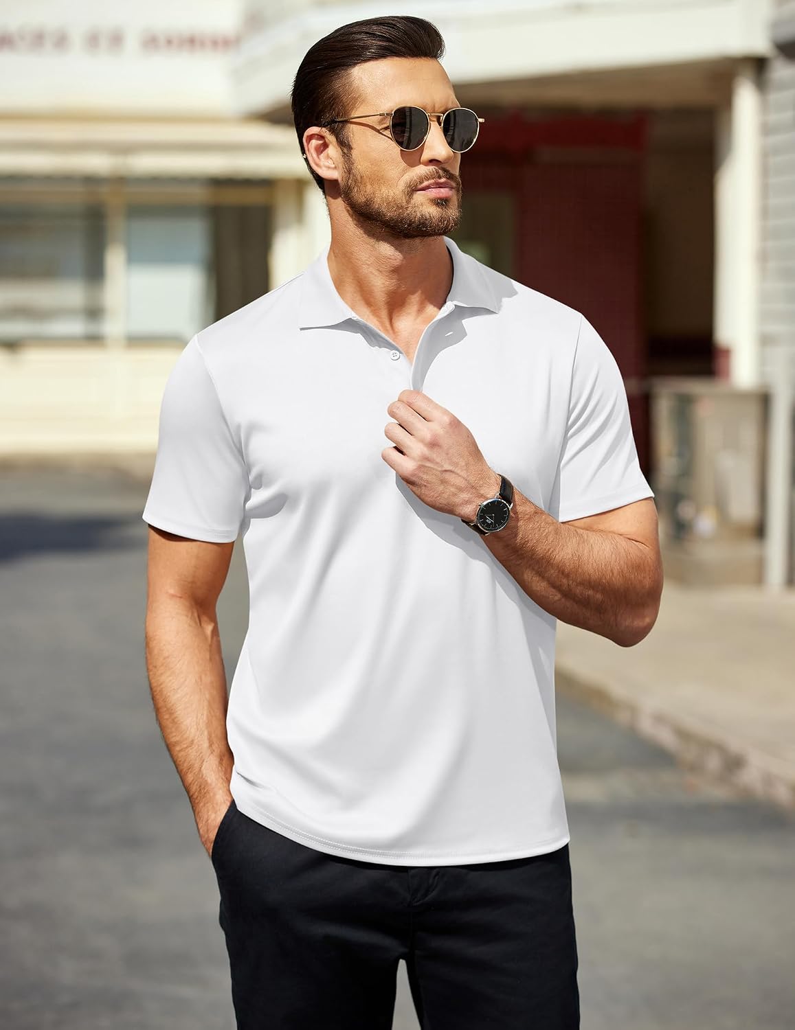 COOFANDY Men's Golf Polo Shirt Short Sleeve Collared Cotton Quick Drying Performance Moisture Wicking Tees White