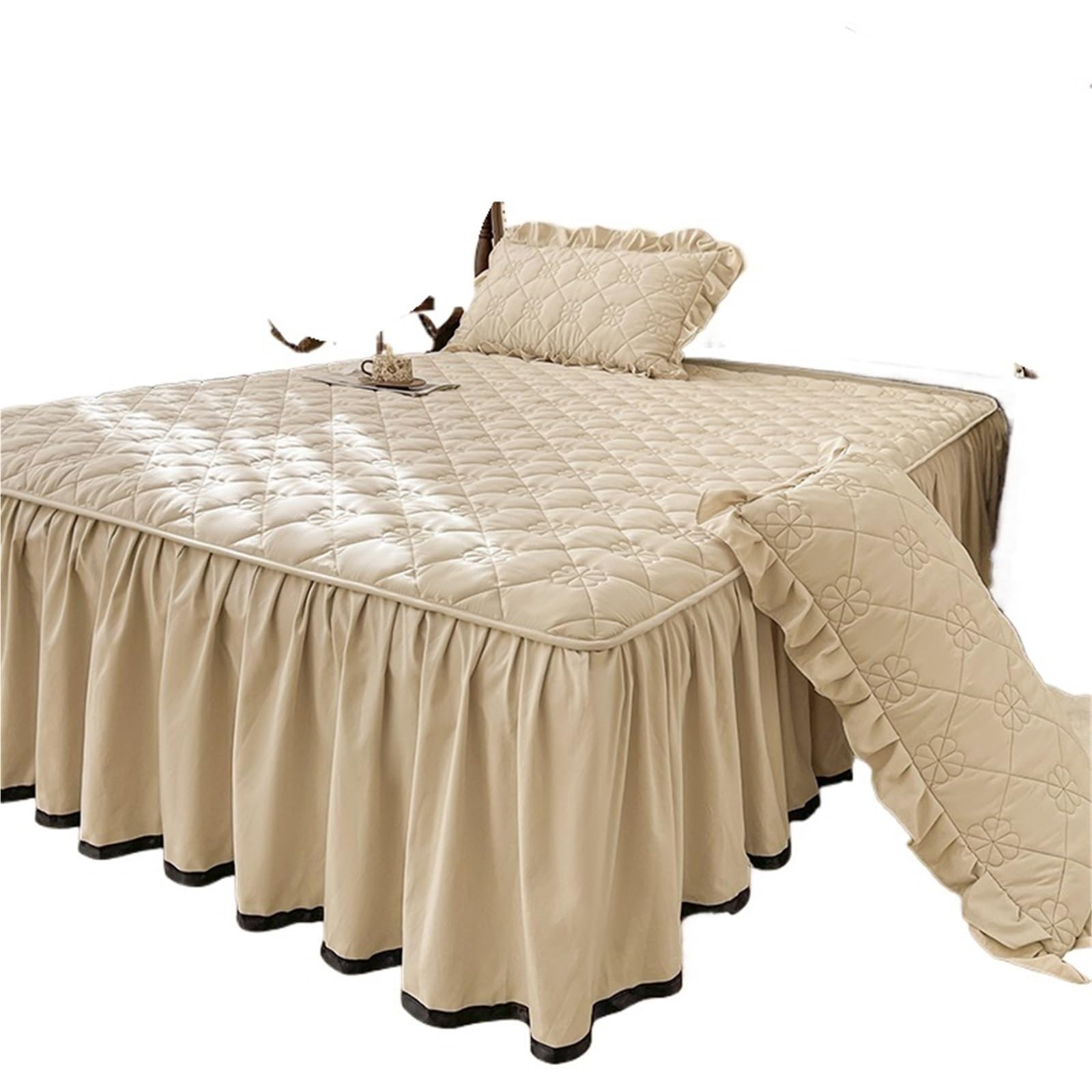 Ruffled Bed Skirt Quilted Bed Skirt Thicken Bedspread Ruffles Cover Single/Queen/King Size Mattress Protector Linen (No Pillowcase)(Qianka,King 180x220cm 1pc)
