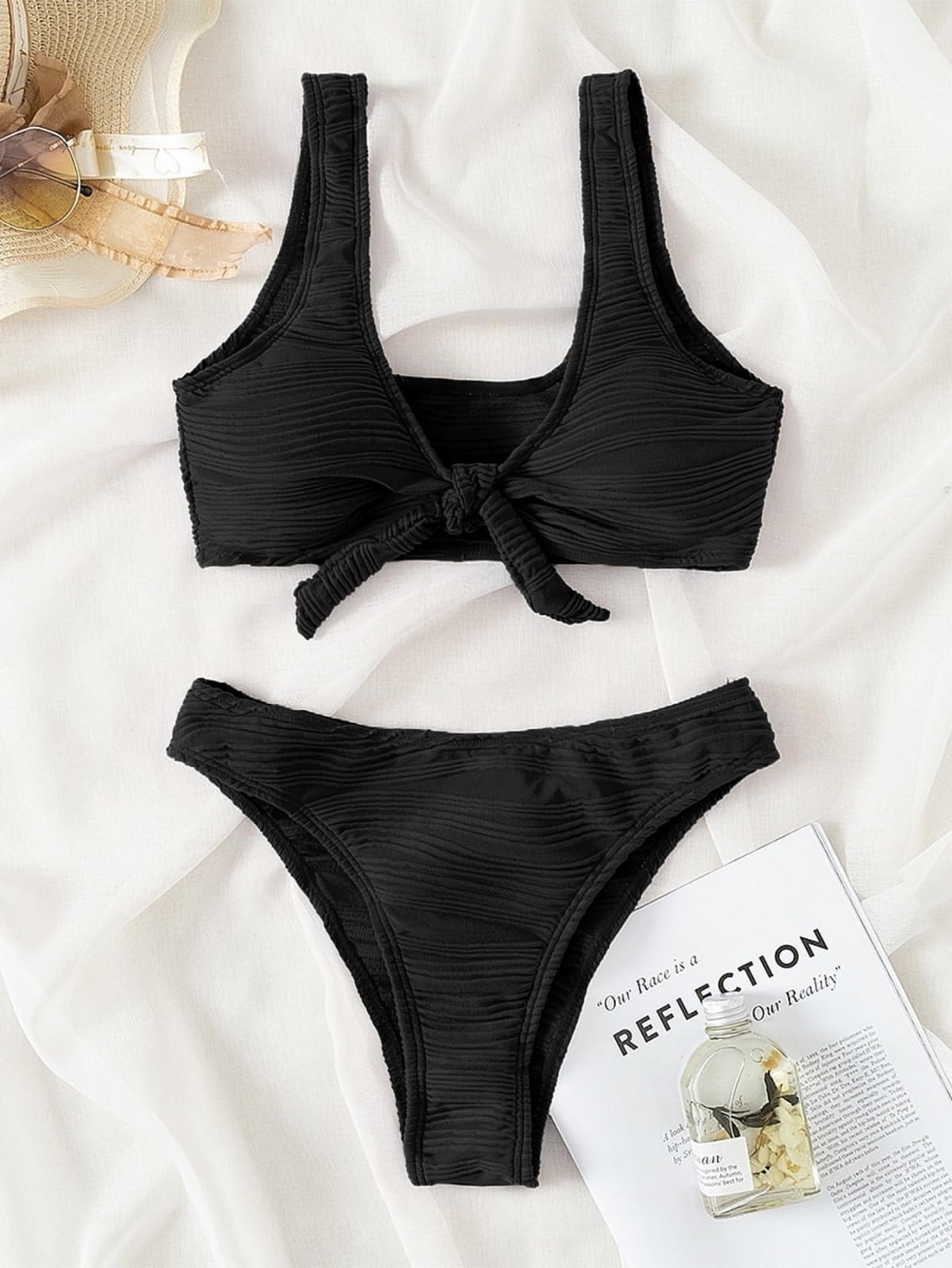 Bikini Damen Frauen Texturierte Knoten Vorne Set Hohen Schnitt Zwei Stück Bademode-Black-XL