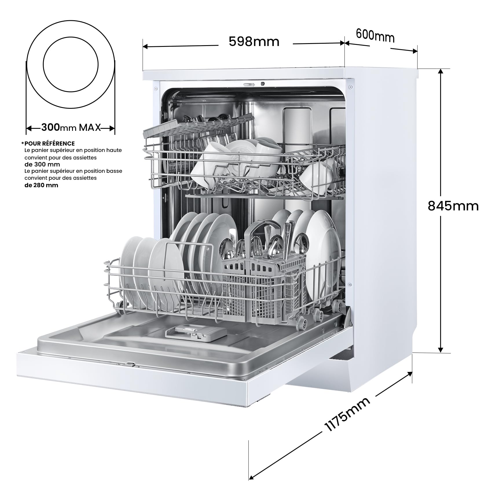 COMFEE' FD1435E-W Lave-vaisselle Pose Libre 14 Couverts, 60 cm, 44 dB | 8 Programmes, Ouverture Automatique, Départ différé, Demi-Charge, Paniers Flexibles, Séchage Intensif, Blanc