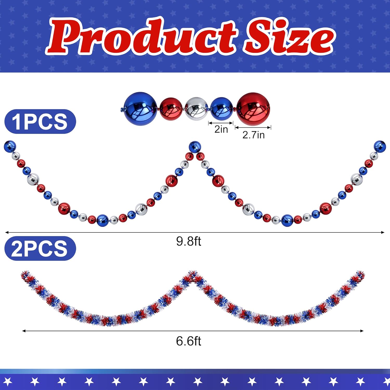 3 Pcs Jumbo 4th of July Beads Garlands Decoration, 23 Ft Patriotic Red White Blue Bead Ball Tinsel Garland, Independence Day Bead Ornament Metallic Hanging Garlands for 250th Anniversary Memorial Day