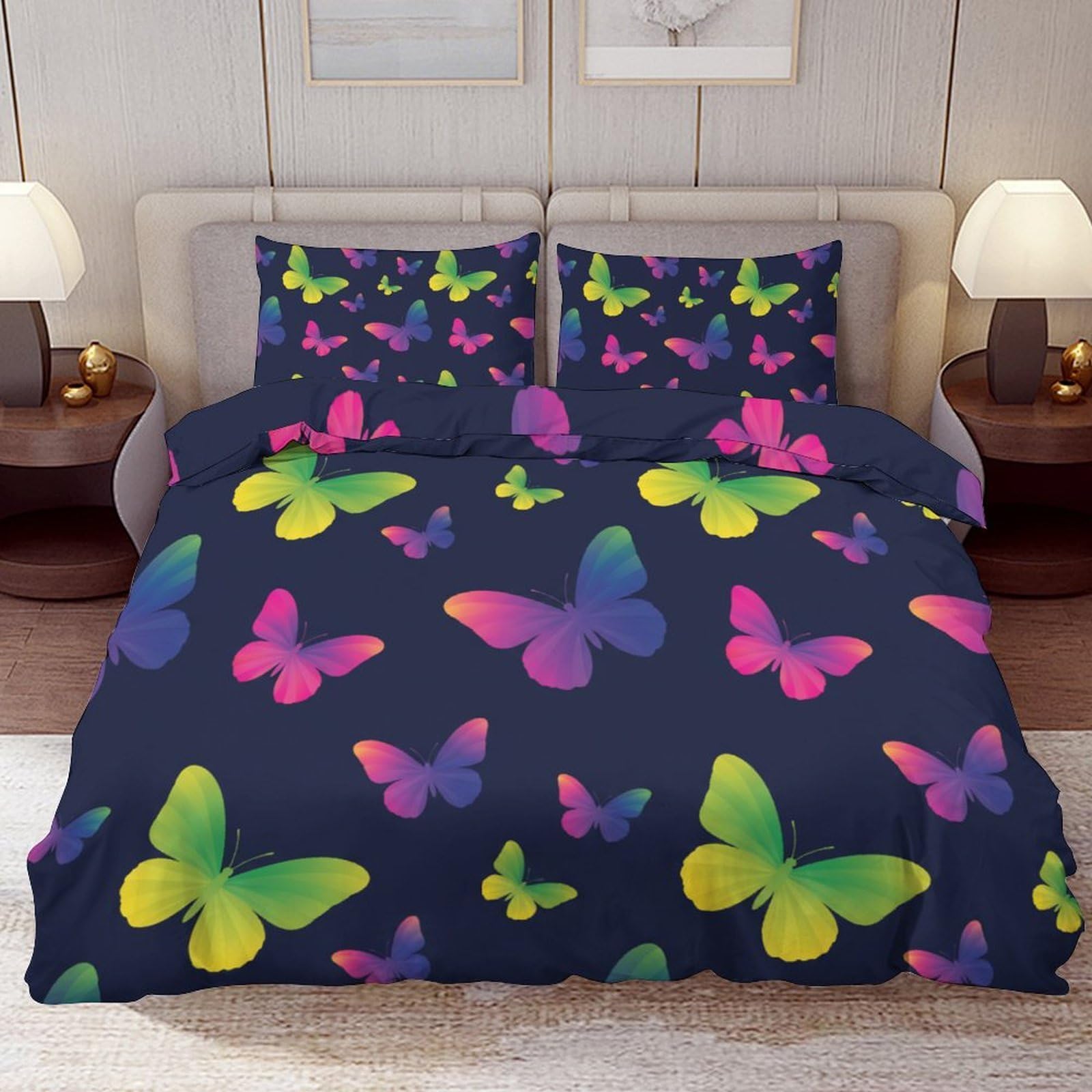 Delerain Comforter Cover Set King Size, Vibrant Rainbow Butterfly 3-Piece Bedding Set for Women Men Modern Soft Microfiber Bedroom Set Room Decor, 1 Duvet Cover + 2 Pillowcases